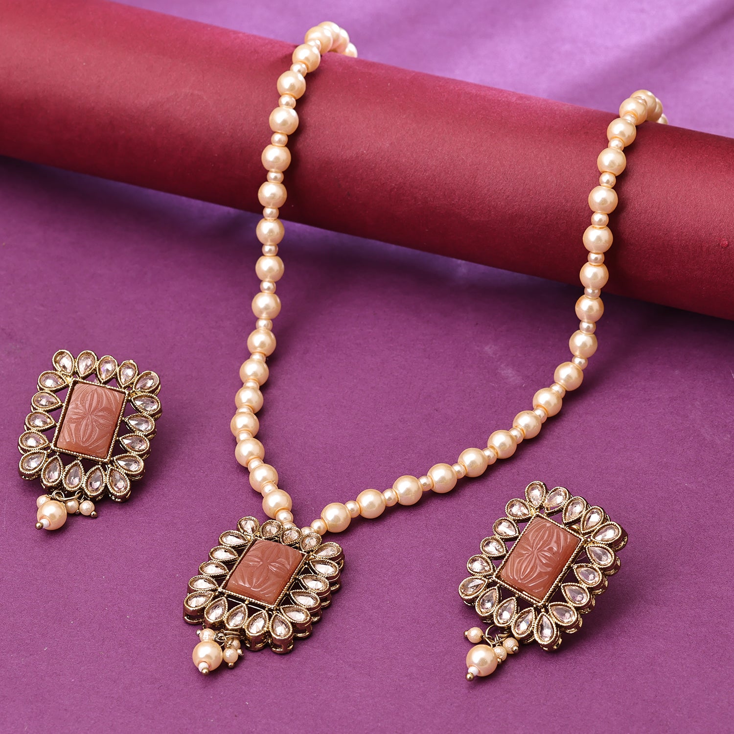 AD Kundan Necklace Set - Golden Pearls | Antique Gold-plated Jewellery