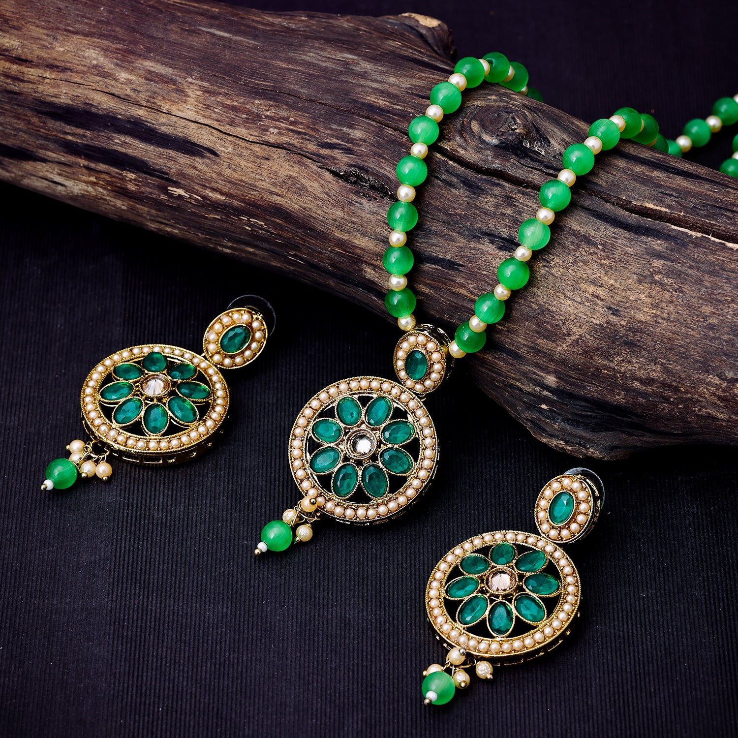 Sukkhi Gold Plated Green Pearl Necklace Set for Women