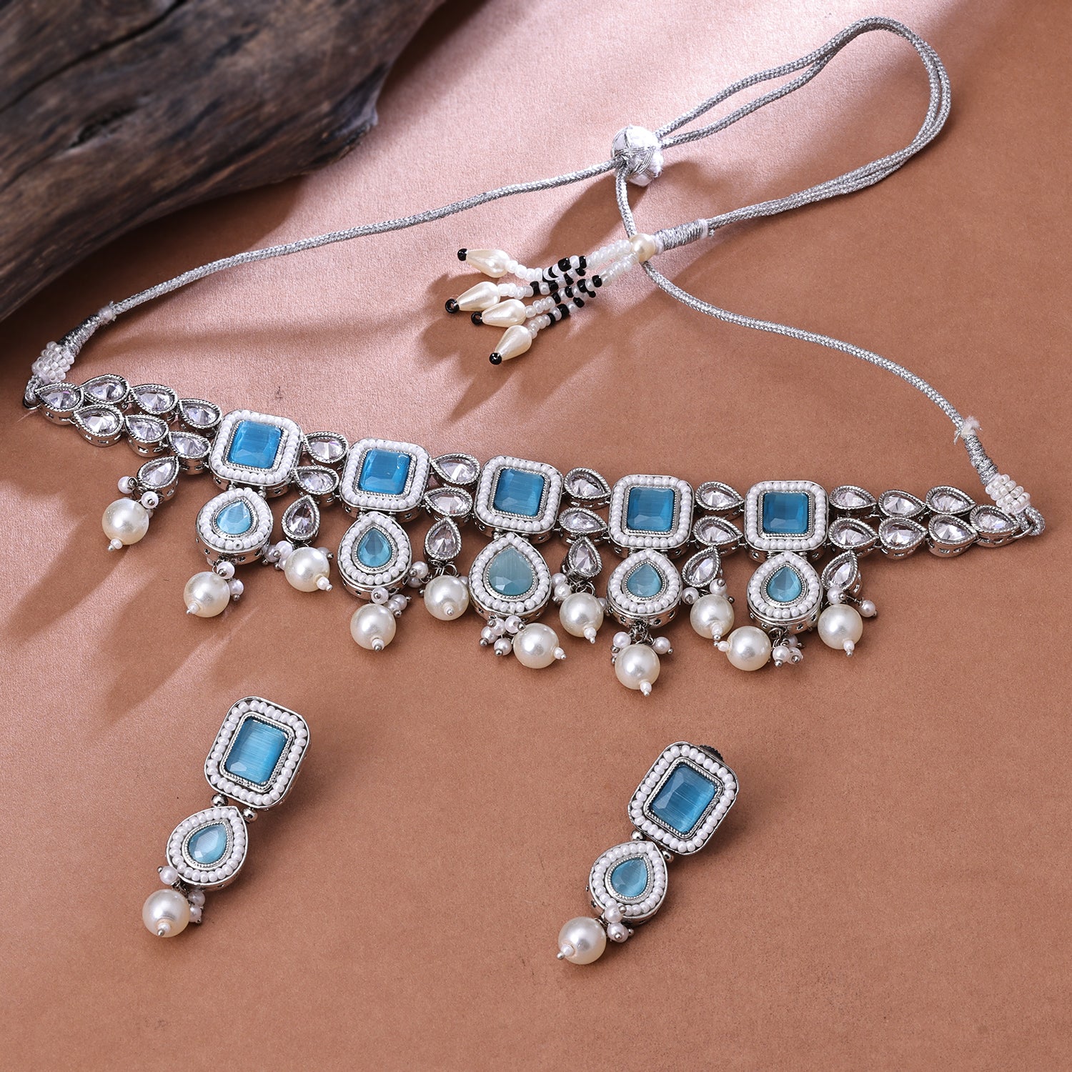 Sukkhi Rhodium Plated Aqua Reverse AD & Pearl Choker Necklace Set for Women