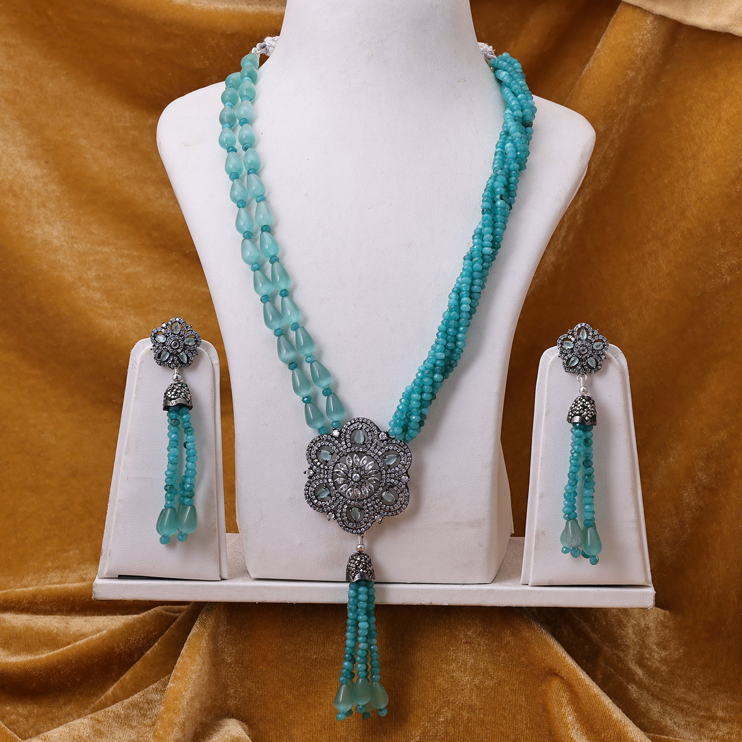 Sukkhi Rhodium Plated Mint CZ Long Necklace Set for Women