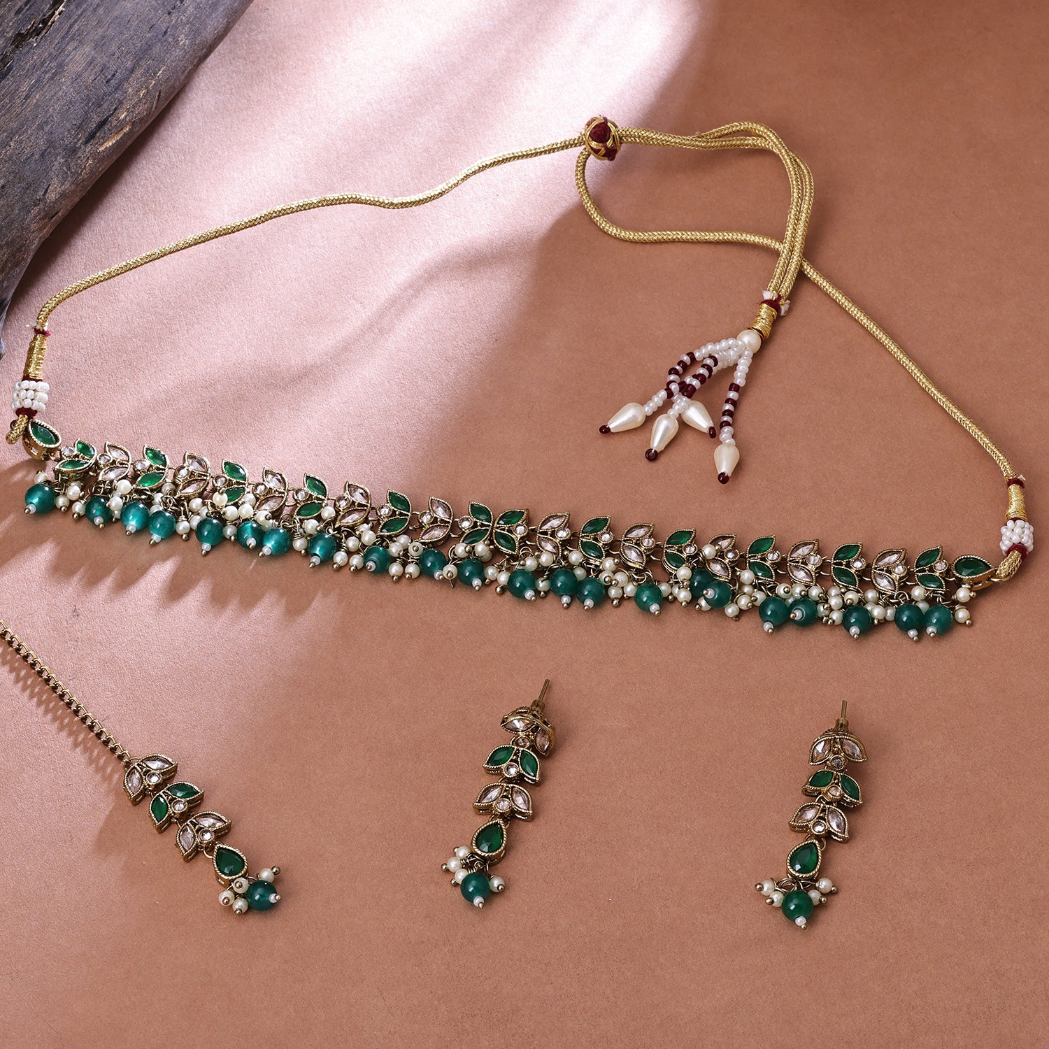 Sukkhi Gold Plated Green Reverse AD & Pearl Choker Necklace Set for Women