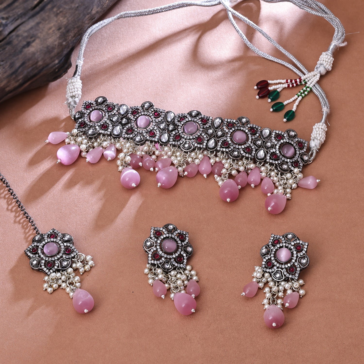 Sukkhi Rhodium Plated Pink CZ Pearl Choker Necklace Set for