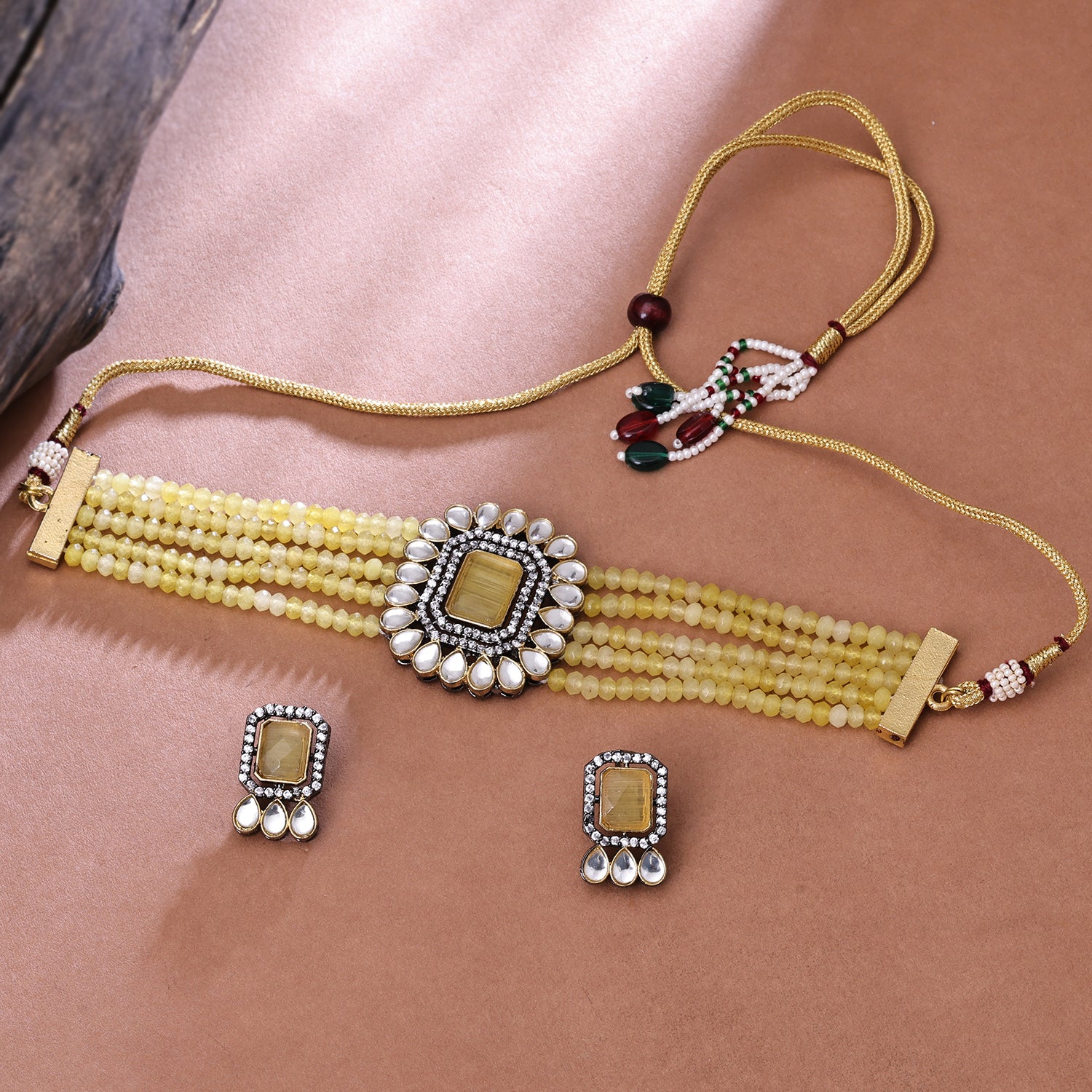 Sukkhi Gold Plated Yellow Kundan & Pearl Choker Necklace Set for Women