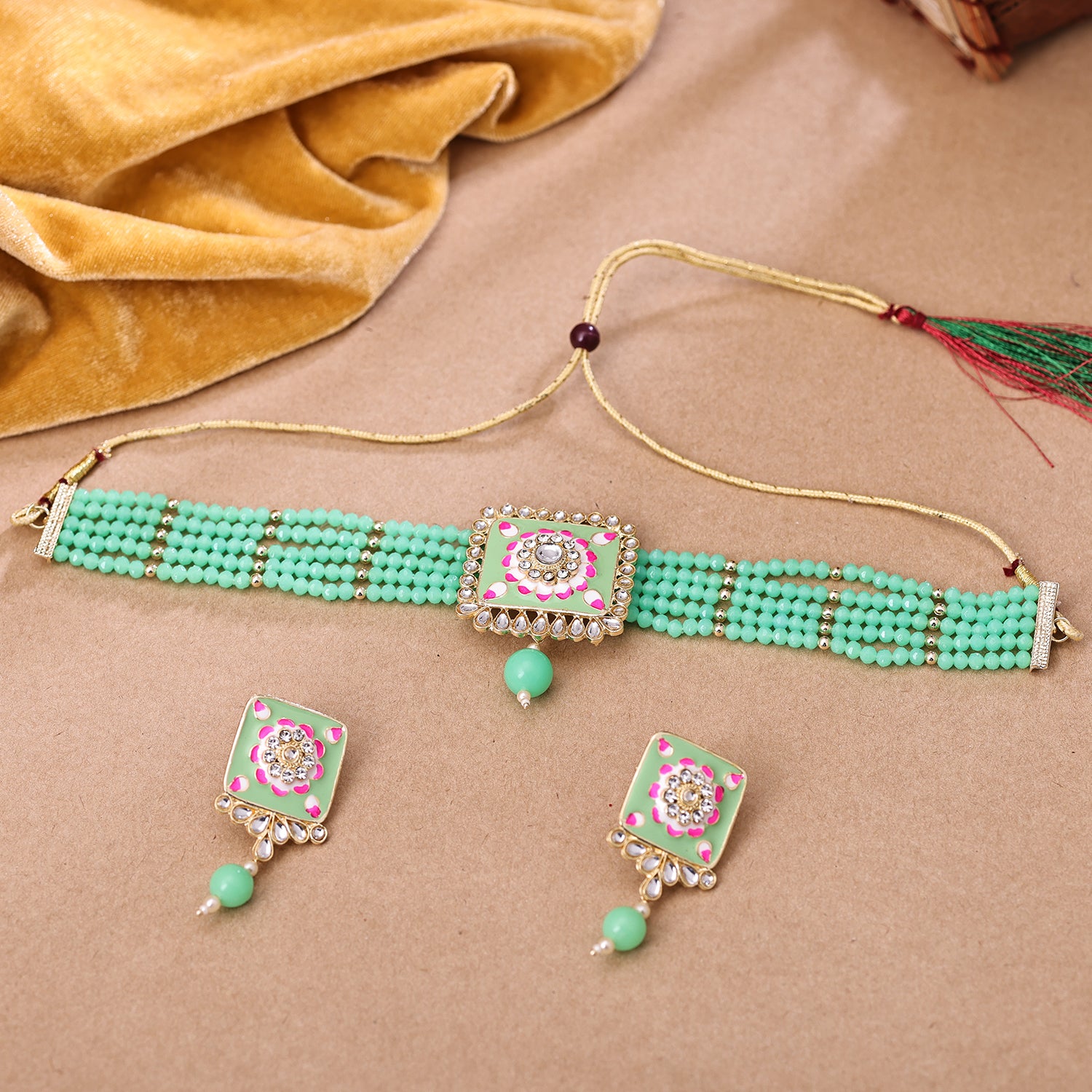 Sukkhi Gold Plated Green Kundan & Pearl Choker Necklace Set for Women
