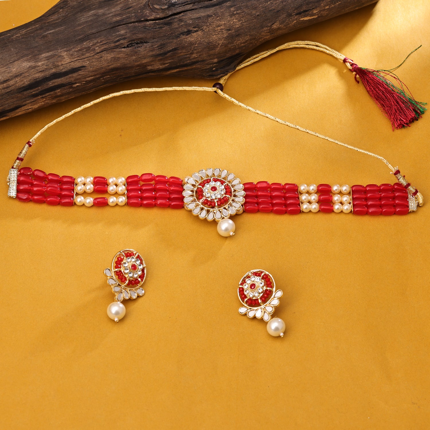Sukkhi Gold Plated Red Mirror & Pearl Choker Necklace Set for Women