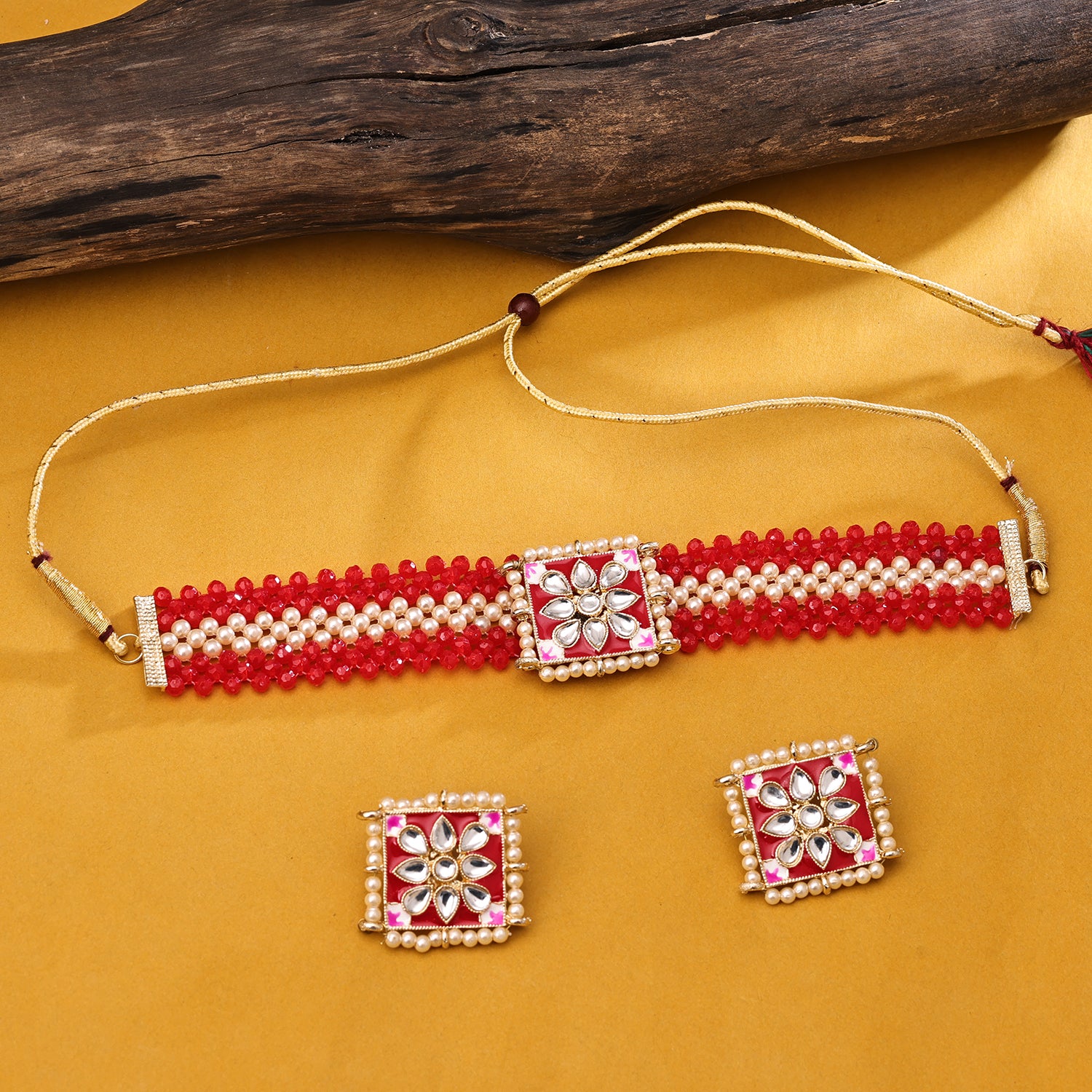 Sukkhi Gold Plated Red Kundan & Pearl Choker Necklace Set for Women