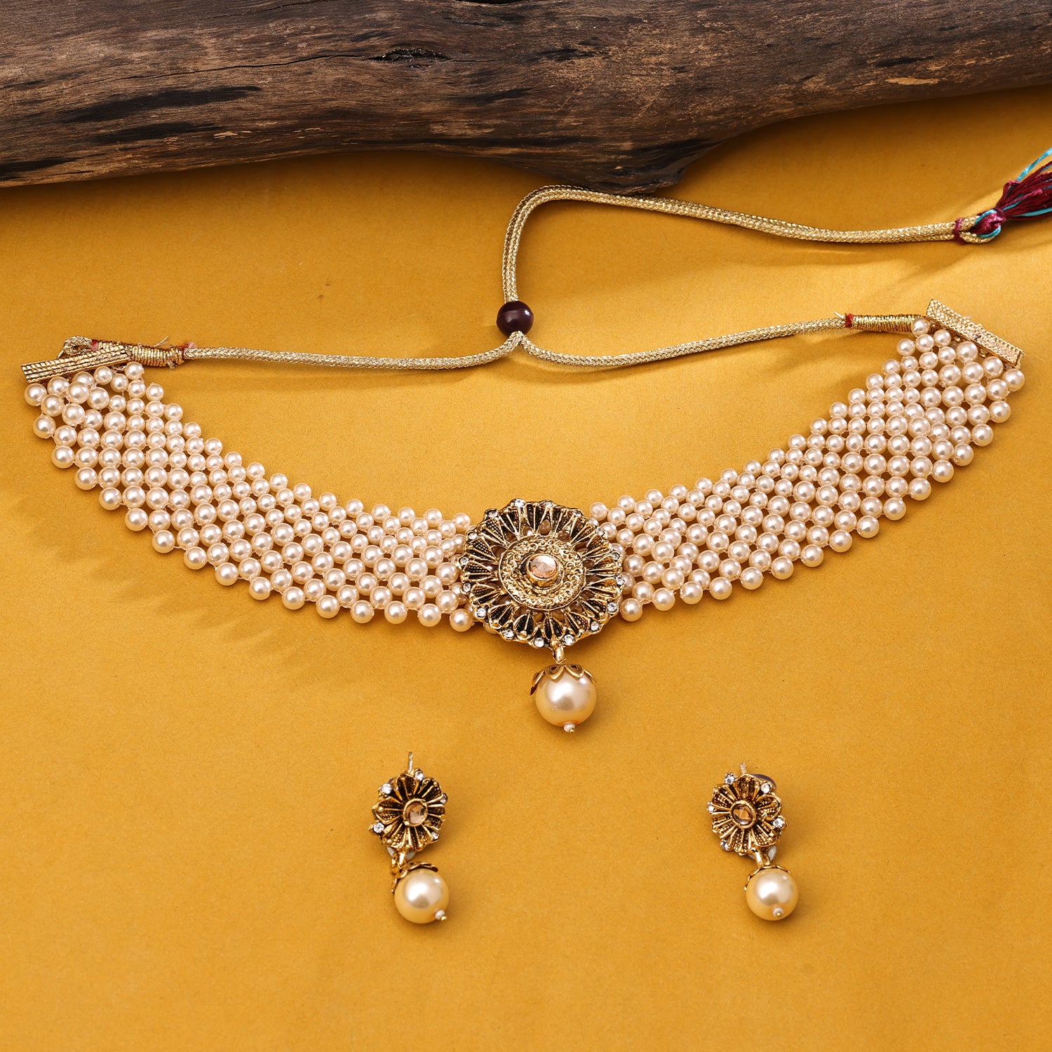 Sukkhi Gold Plated Golden Reverse AD & Pearl Choker Necklace Set for Women