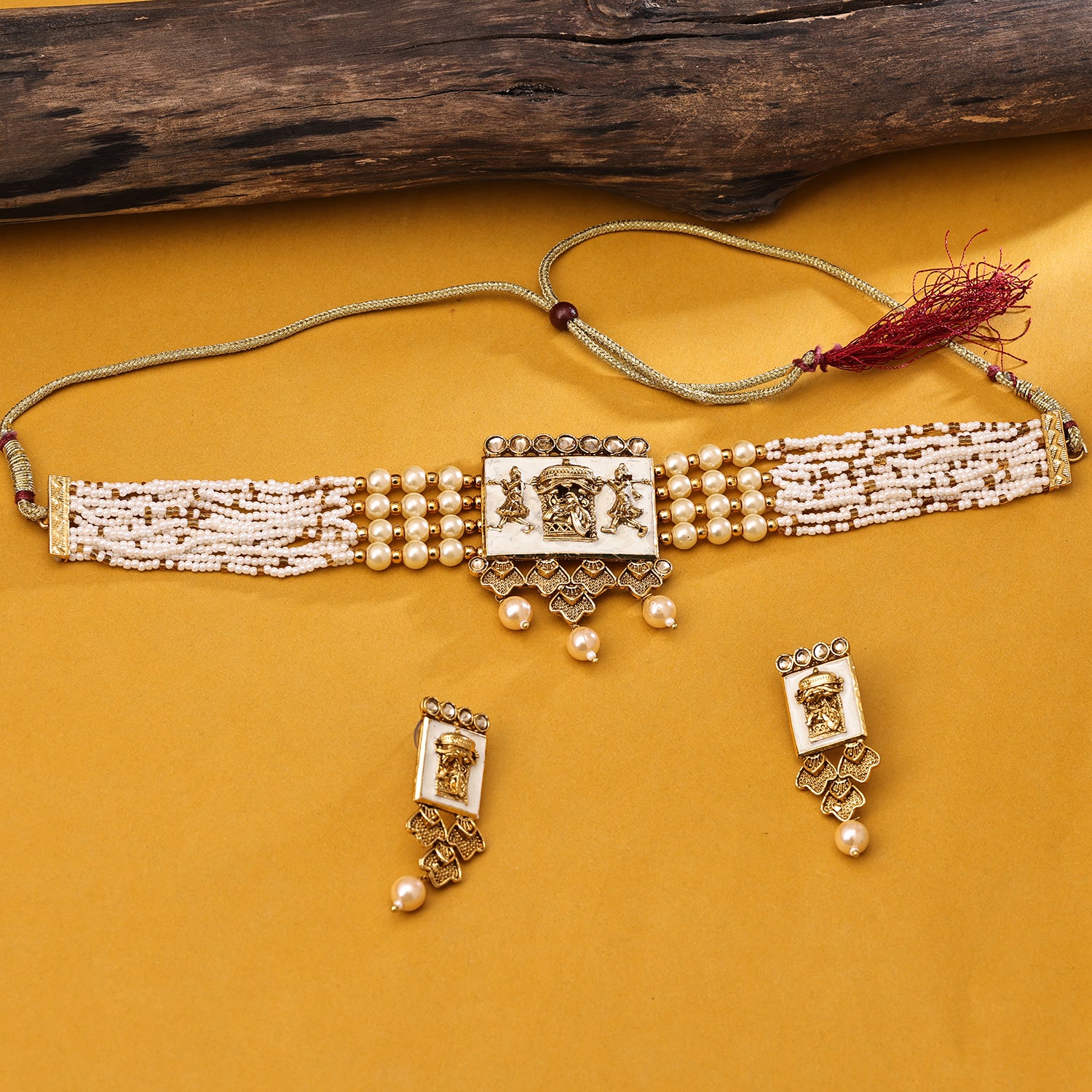 Sukkhi Gold Plated Golden Reverse AD & Pearl Choker Necklace Set for Women