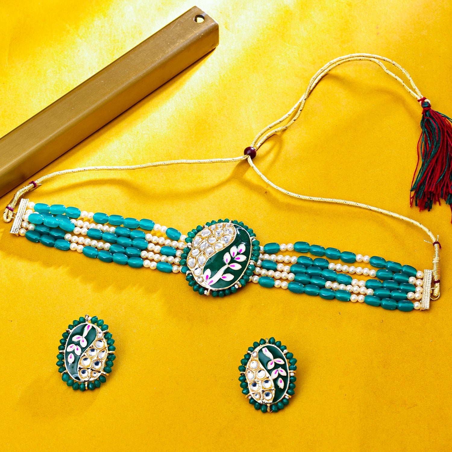 Sukkhi Gold Plated Green Kundan & Pearl Choker Necklace Set for Women