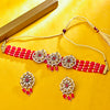 Sukkhi Gold Plated Red Reverse AD & Pearl Choker Necklace Set for Women