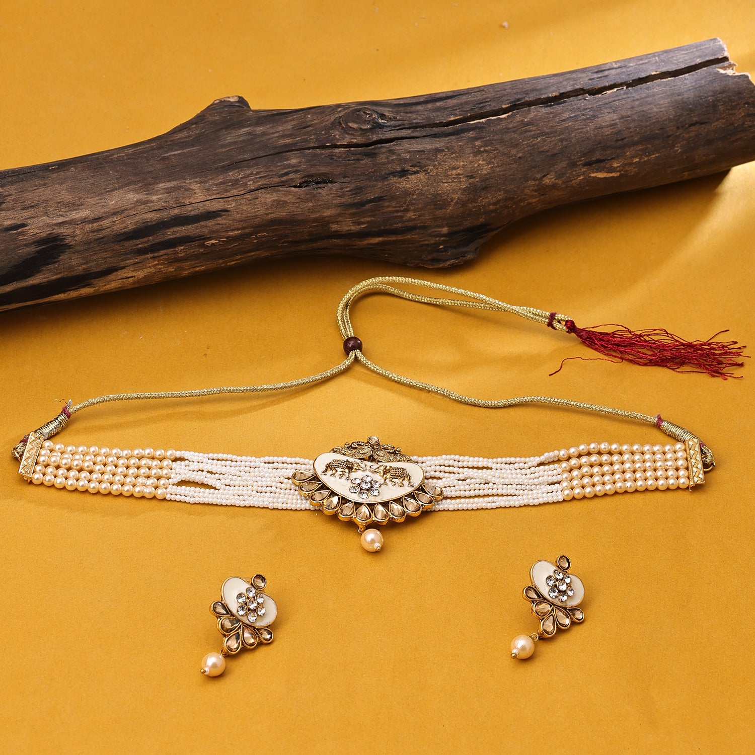 Sukkhi Gold Plated Golden Reverse AD & Pearl Choker Necklace Set for Women