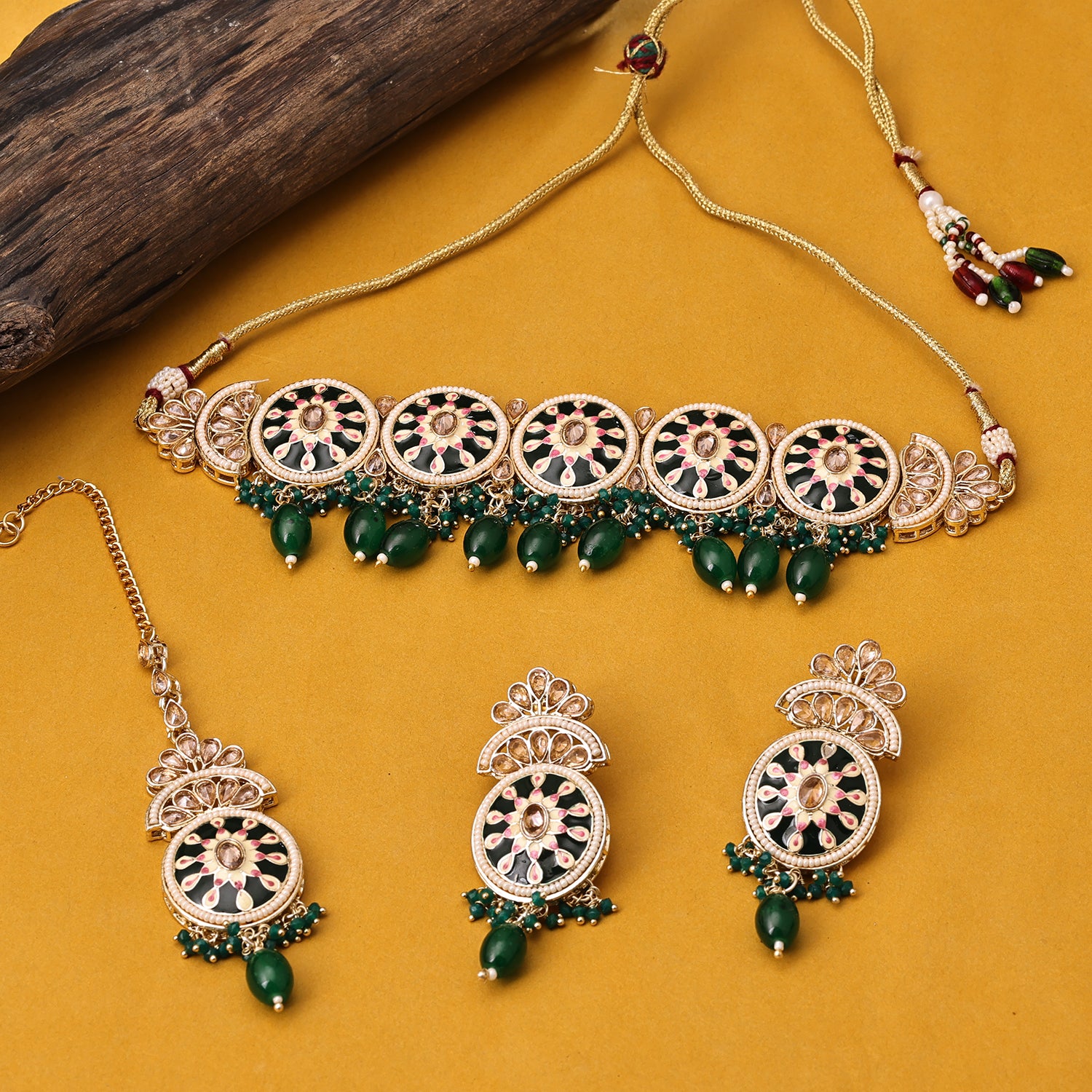 Sukkhi Gold Plated Green Reverse AD & Pearl Choker Necklace Set for Women