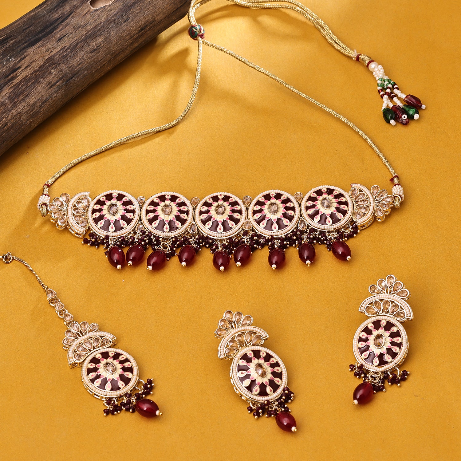 Sukkhi Gold Plated Maroon Reverse AD & Pearl Choker Necklace Set for Women