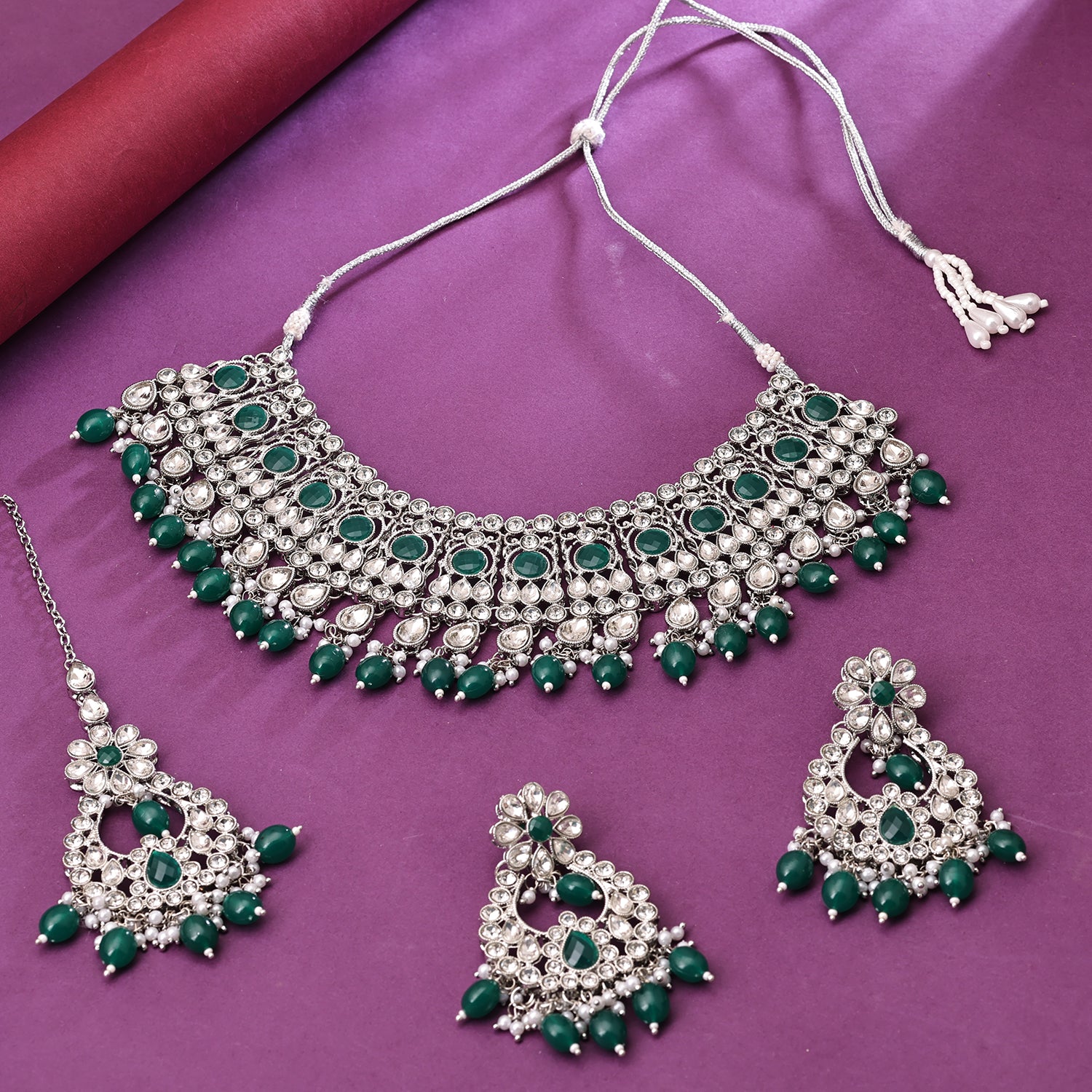 Sukkhi Gold Plated Green Reverse AD & Pearl Choker Necklace Set for Women