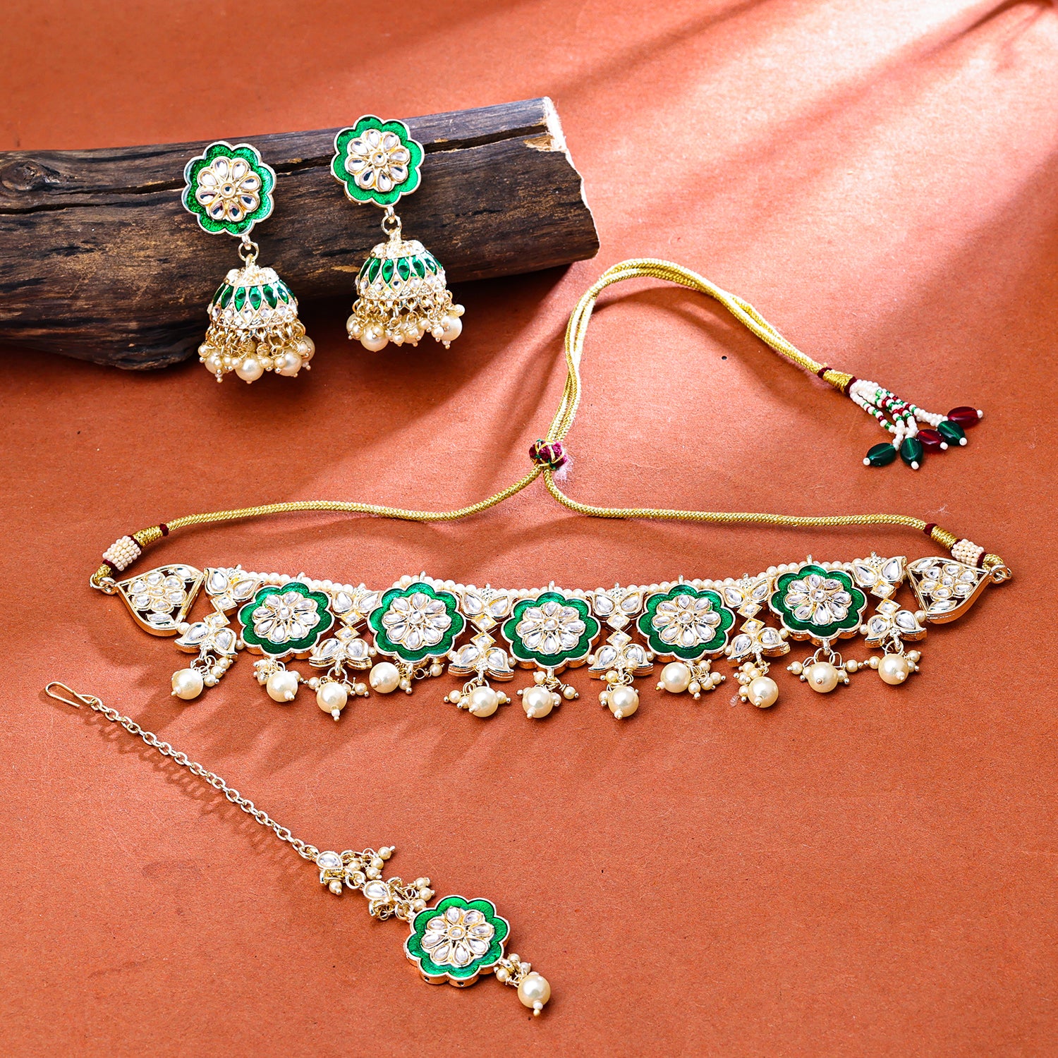 Sukkhi Gold Plated Green Kundan & Pearl Choker Necklace Set for Women