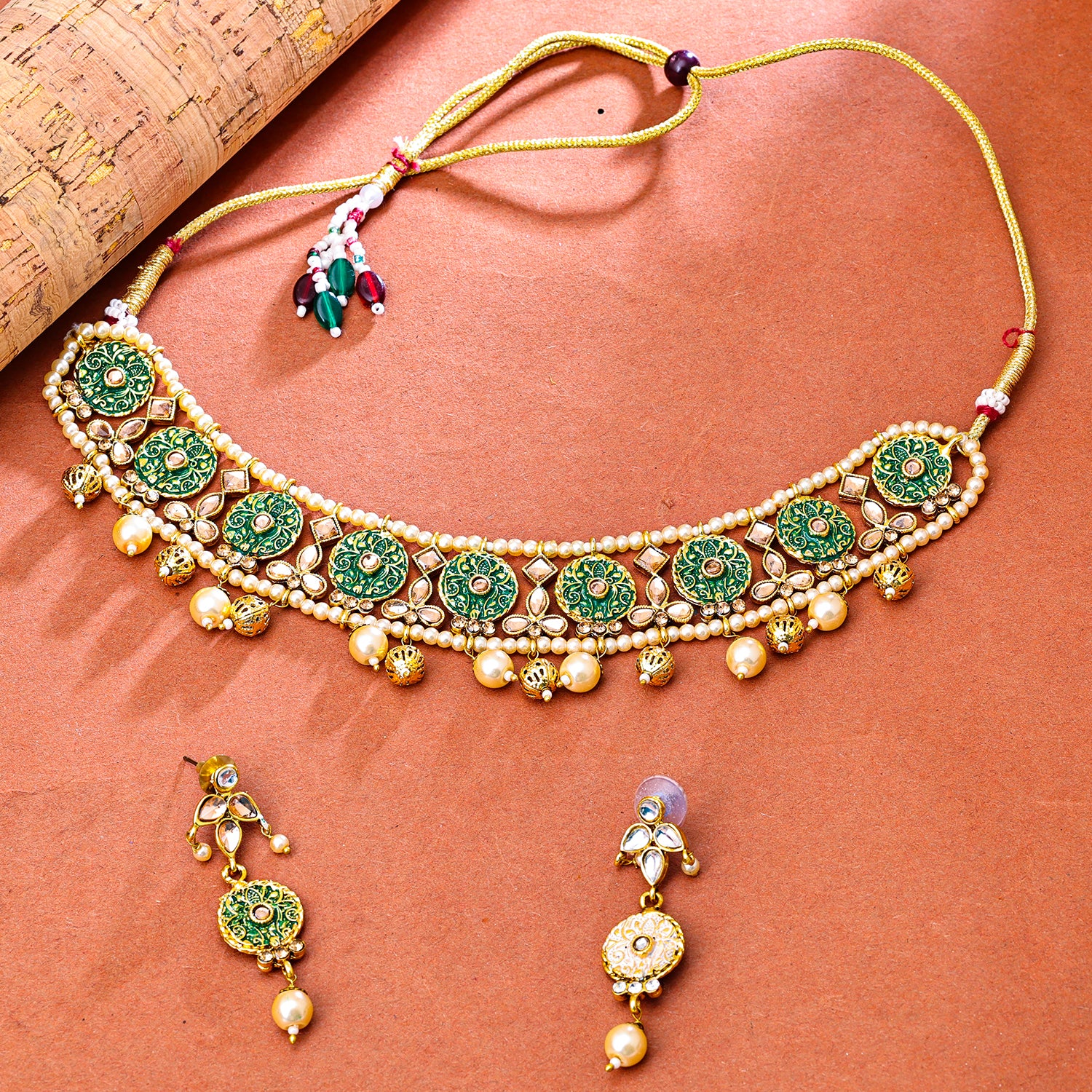 Sukkhi Gold Plated Golden Kundan & Pearl Choker Necklace Set for Women