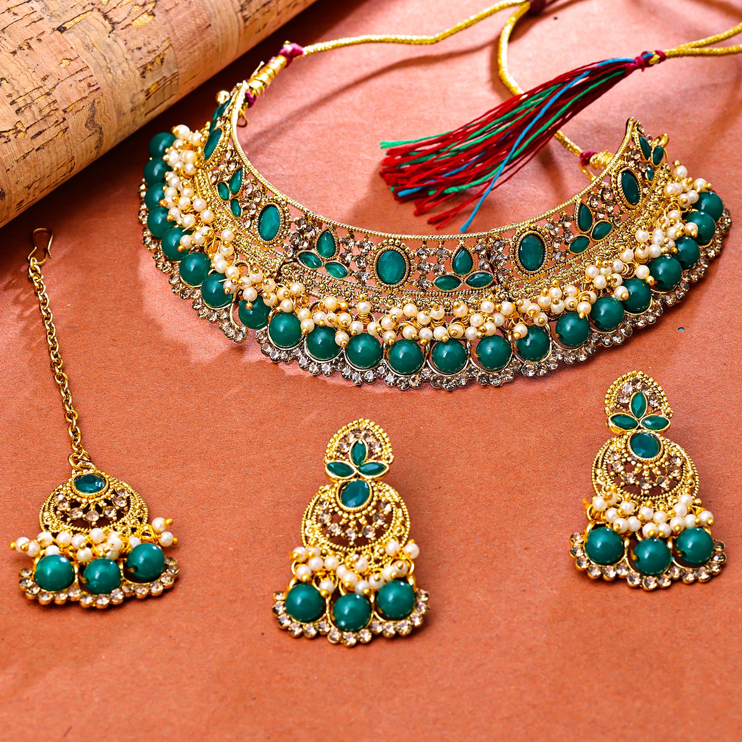Sukkhi Gold Plated Green Pearl Choker Necklace Set for Women