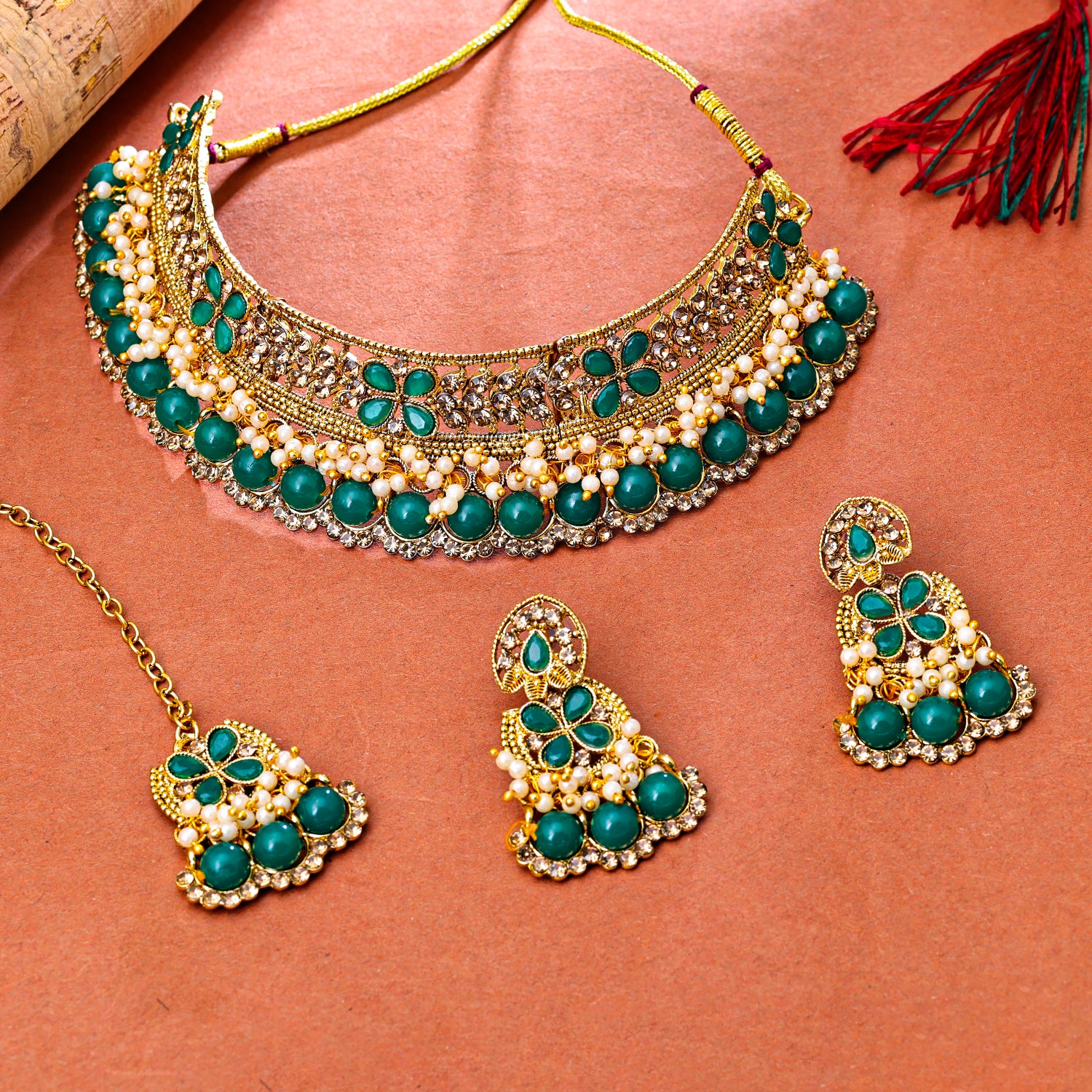 Sukkhi Gold Plated Green Pearl Choker Necklace Set for Women