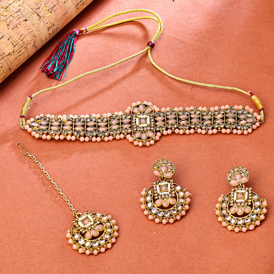 Sukkhi Gold Plated Peach Pearl Choker Necklace Set for Women