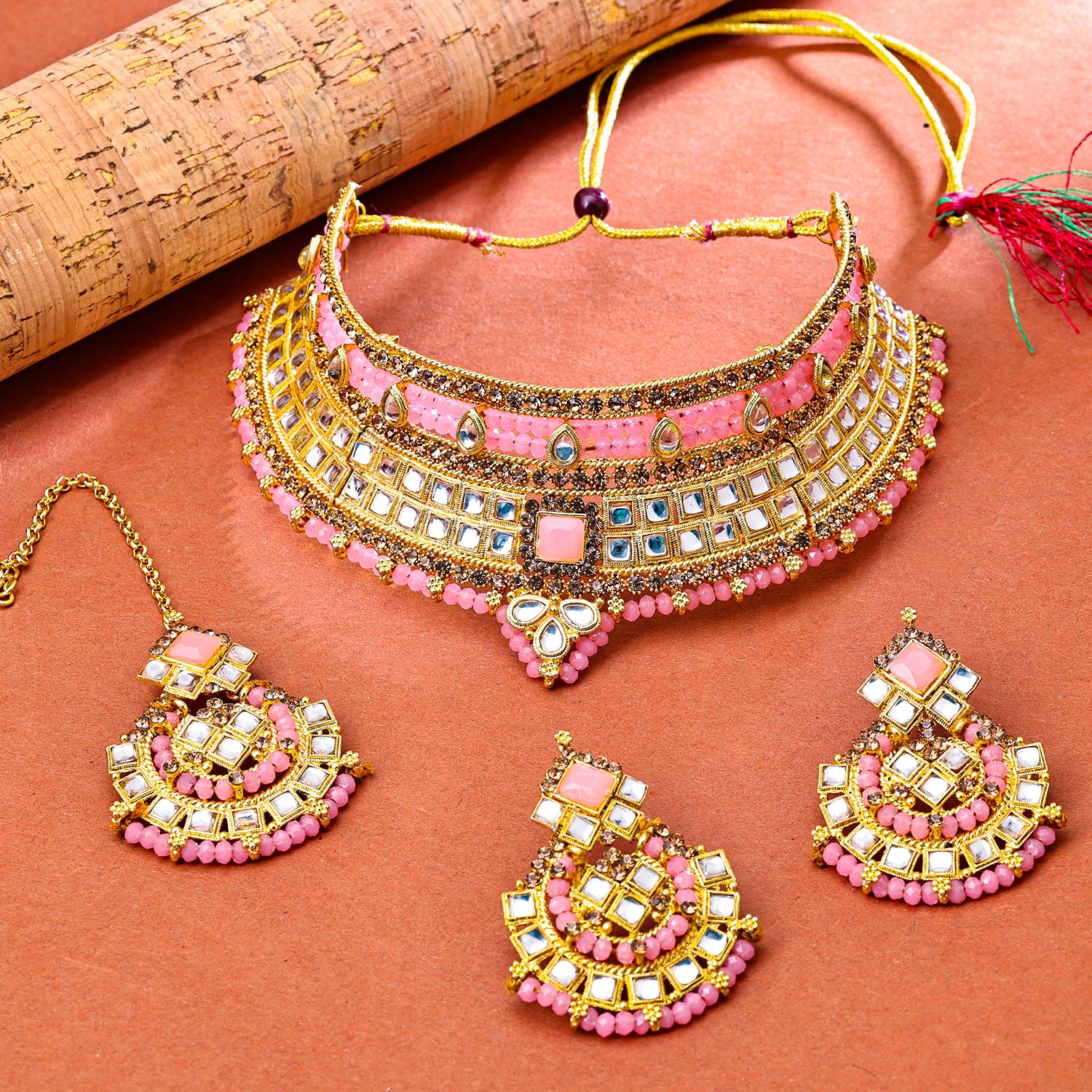 Sukkhi Gold Plated Pink Kundan & Pearl Choker Necklace Set for Women