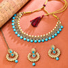 Sukkhi Gold Plated Aqua Reverse AD & Pearl Choker Necklace Set for Women