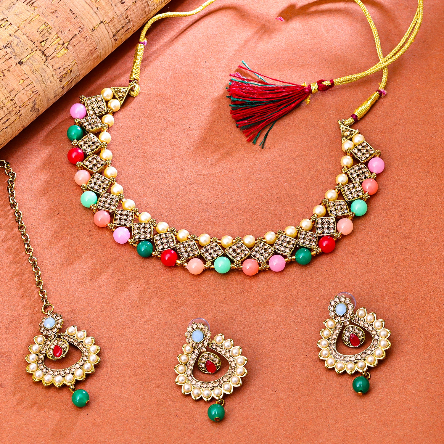 Sukkhi Gold Plated Multi Reverse AD & Pearl Choker Necklace Set for Women