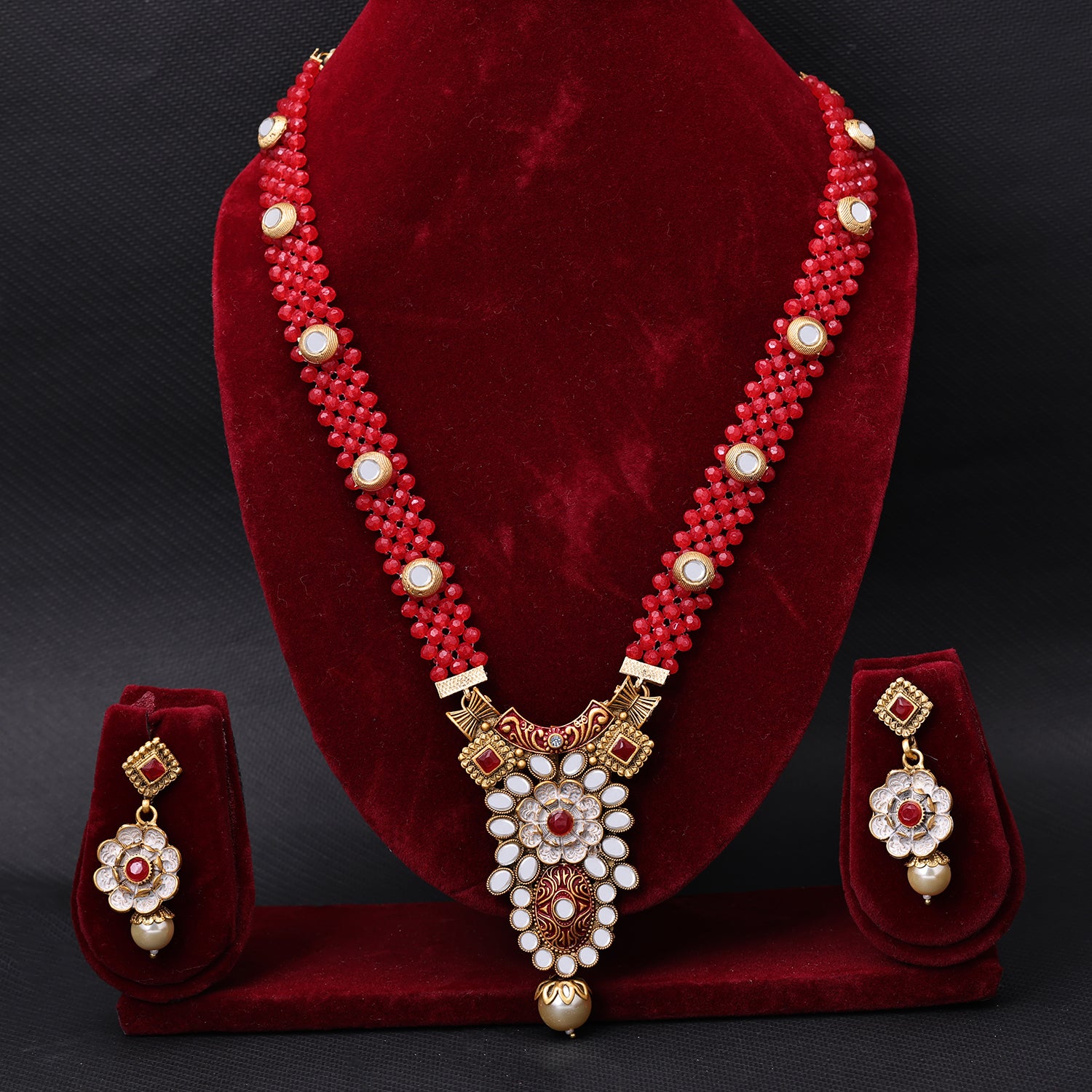 Sukkhi Gold Plated Red Mirror & Pearl Long Necklace Set for Women