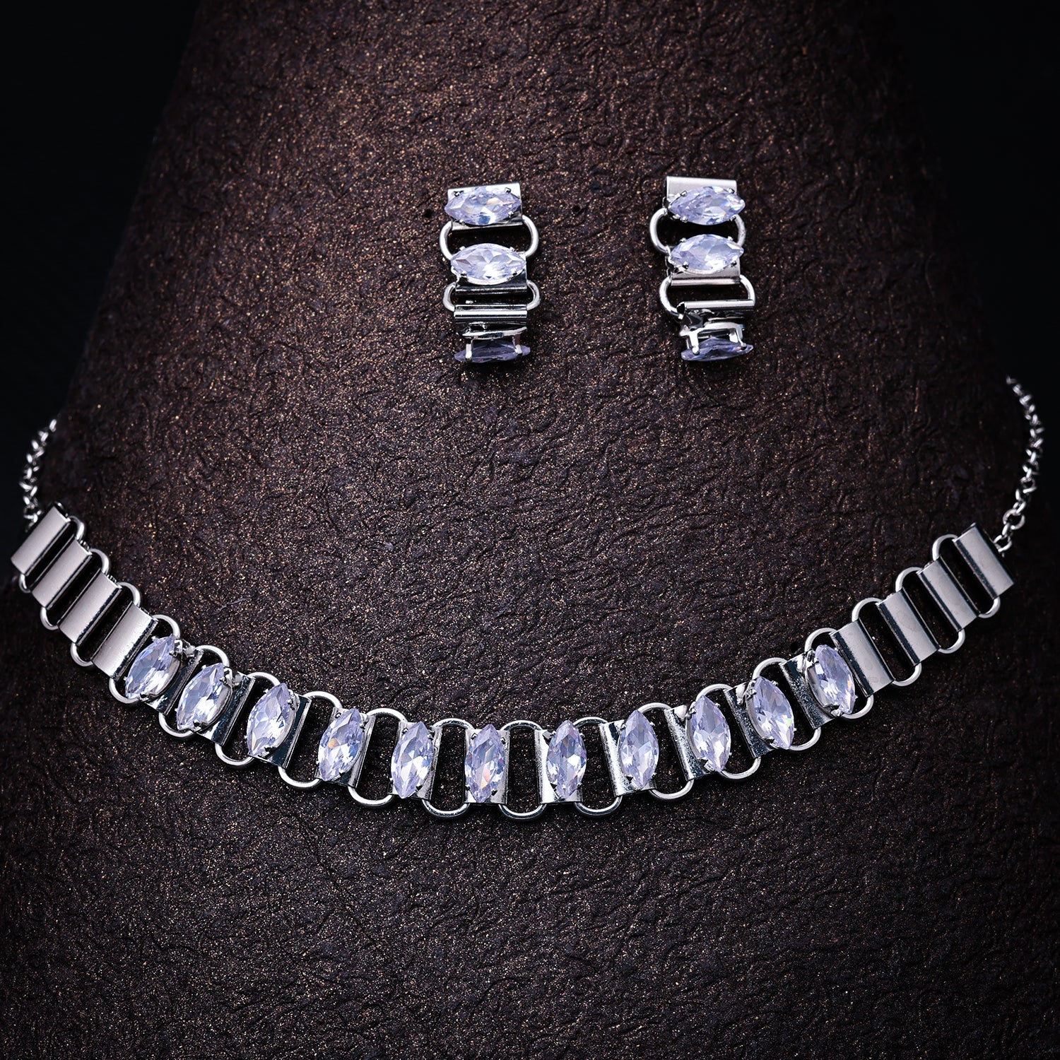 Sukkhi Rhodium Plated Silver CZ Choker Necklace Set for Women