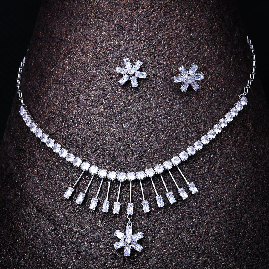 Sukkhi Rhodium Plated Silver CZ Choker Necklace Set for Women