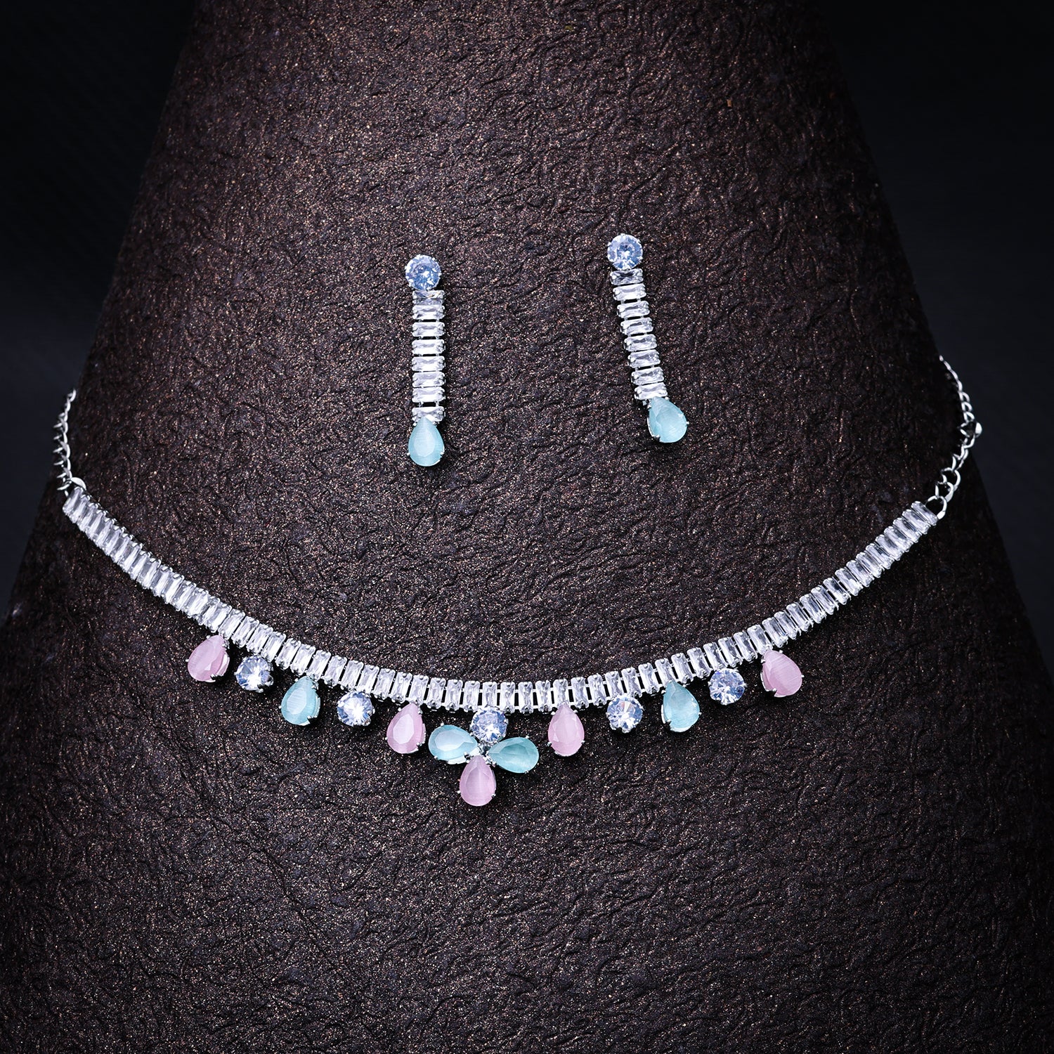 Sukkhi Rhodium Plated Silver CZ Choker Necklace Set for Women