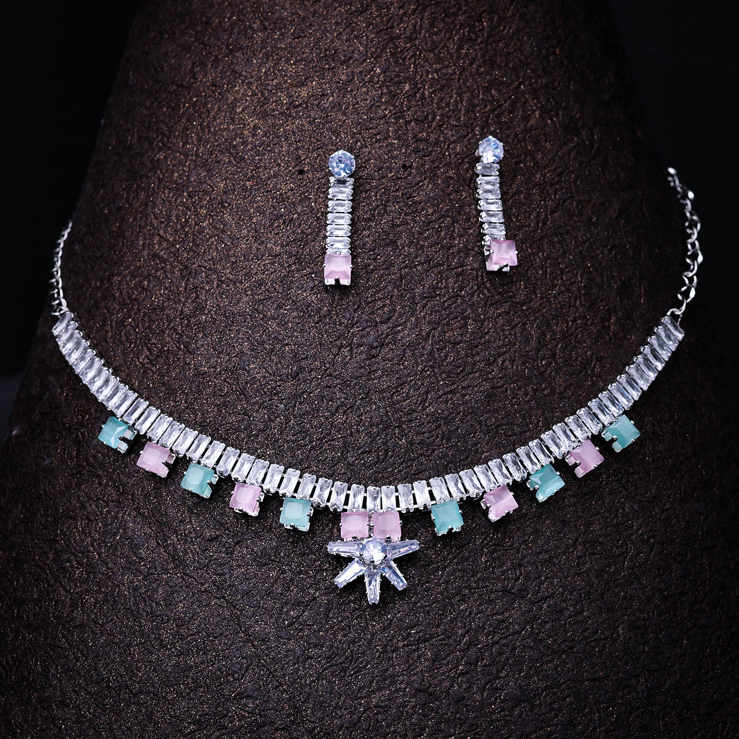 Sukkhi Rhodium Plated Silver CZ Choker Necklace Set for Women