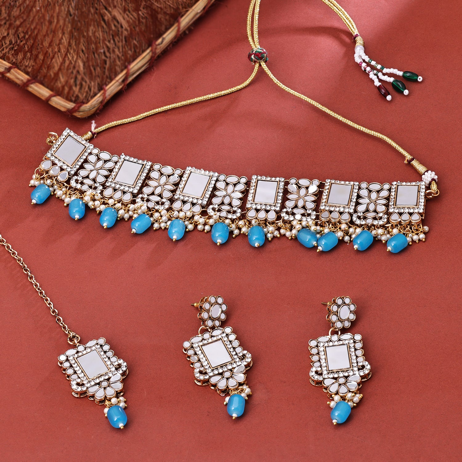 Sukkhi Gold Plated Blue Mirror & Pearl Choker Necklace Set for Women