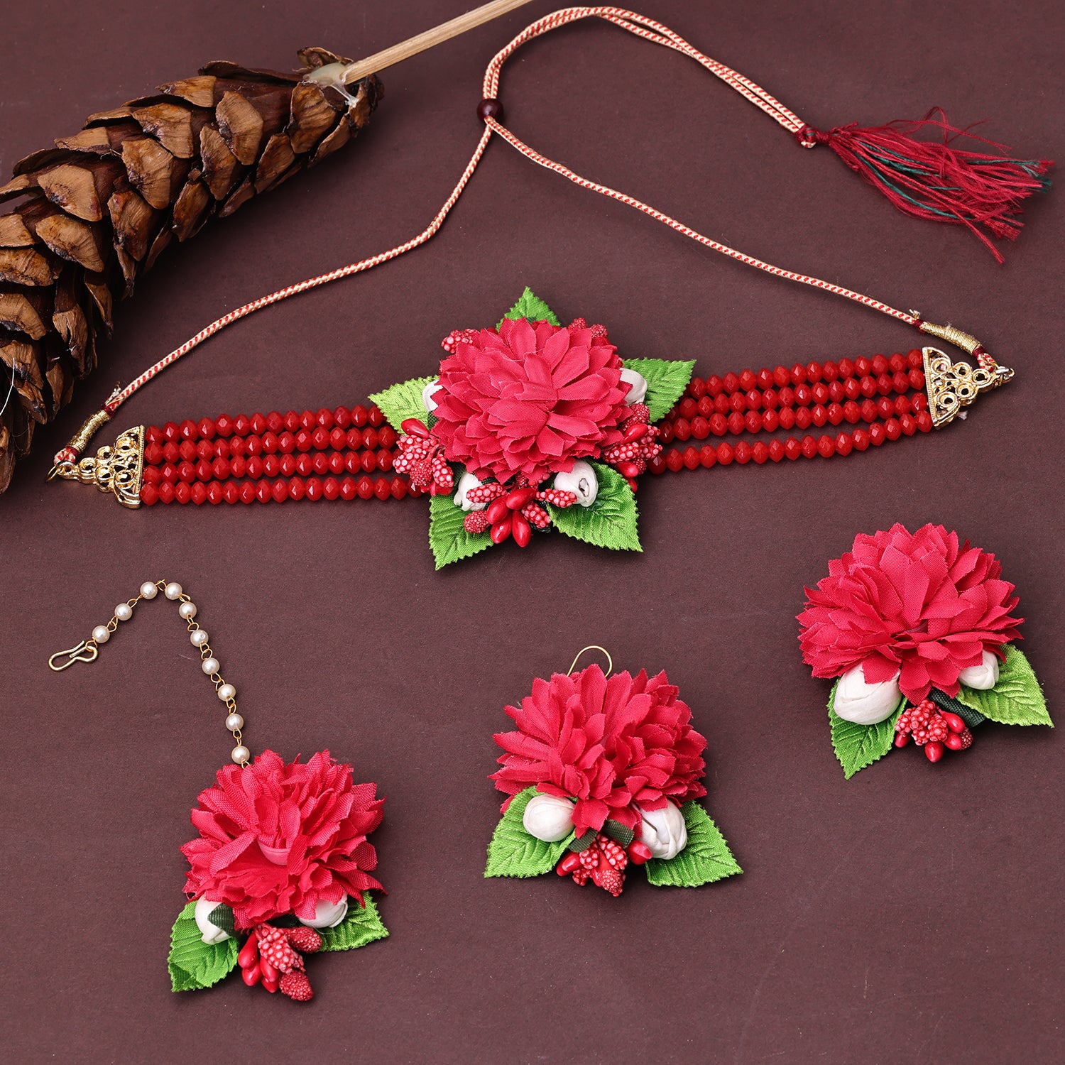Sukkhi Fabric Red Pearl Choker Necklace Set for Women