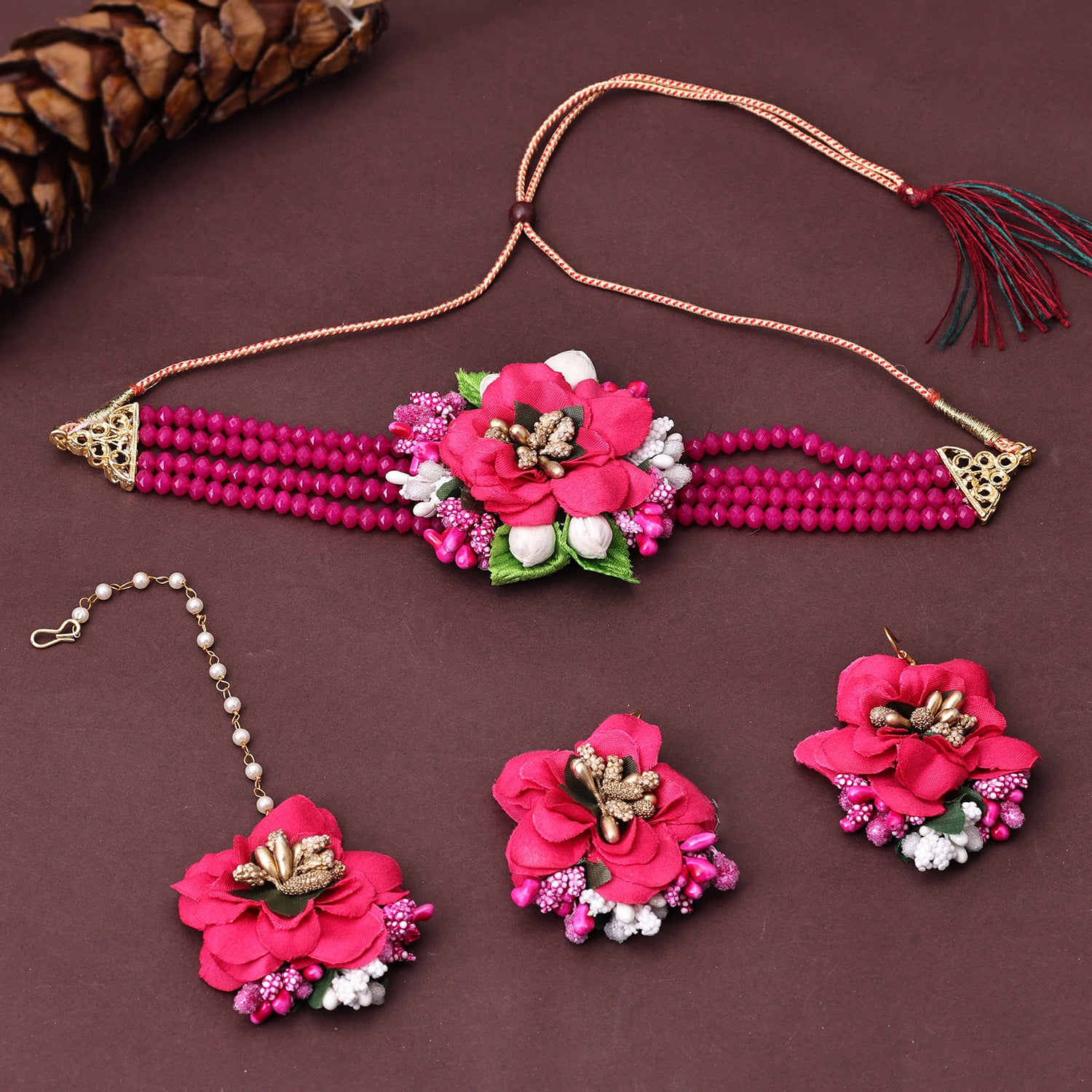 Sukkhi Fabric Pink Pearl Choker Necklace Set for Women