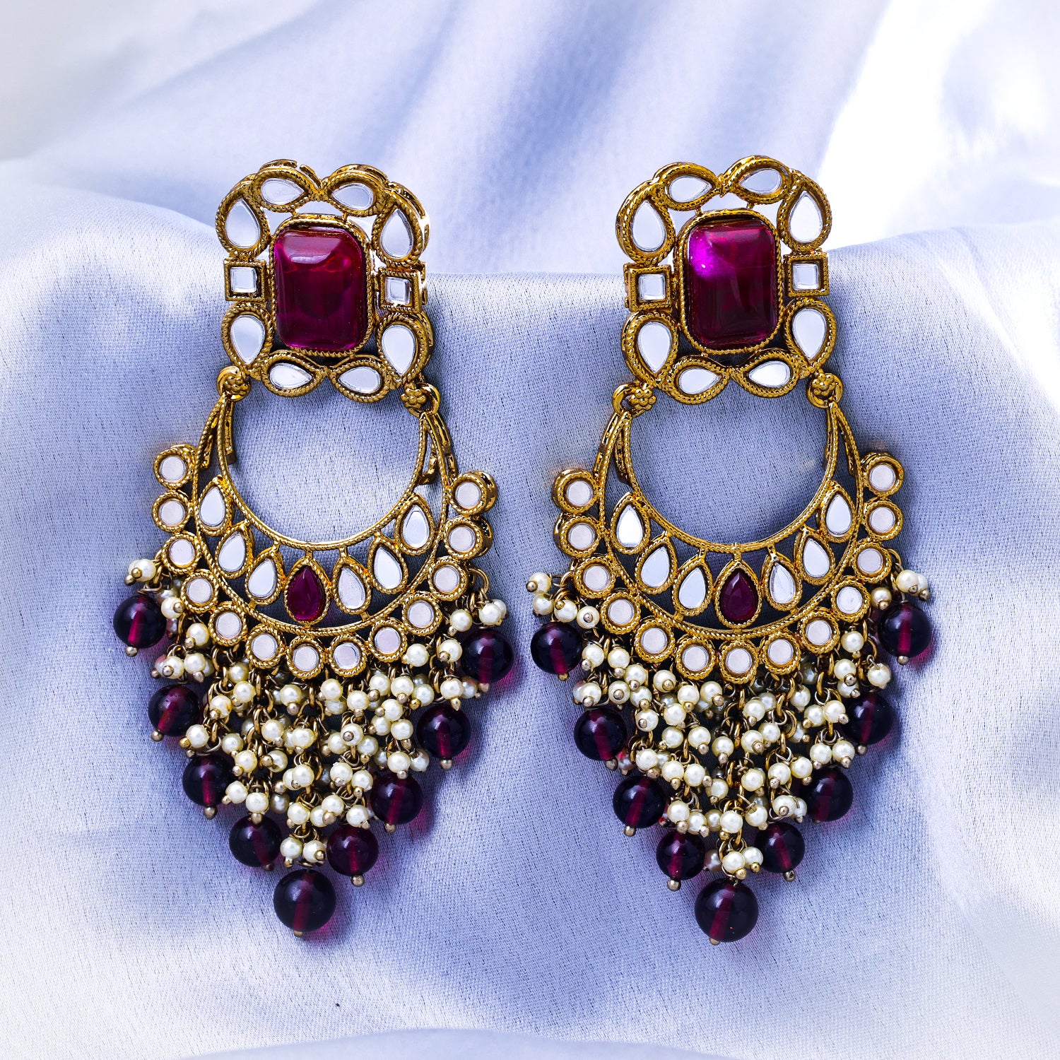 Sukkhi Gold Plated Purple Mirror Pearl Chandbali Earrings for