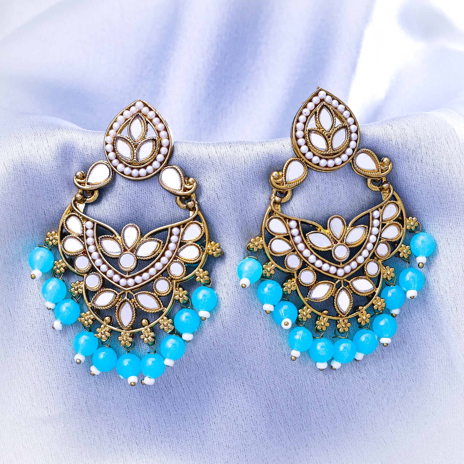 Sukkhi Gold Plated Sky Blue Mirror & Pearl Dangle Earrings for Women