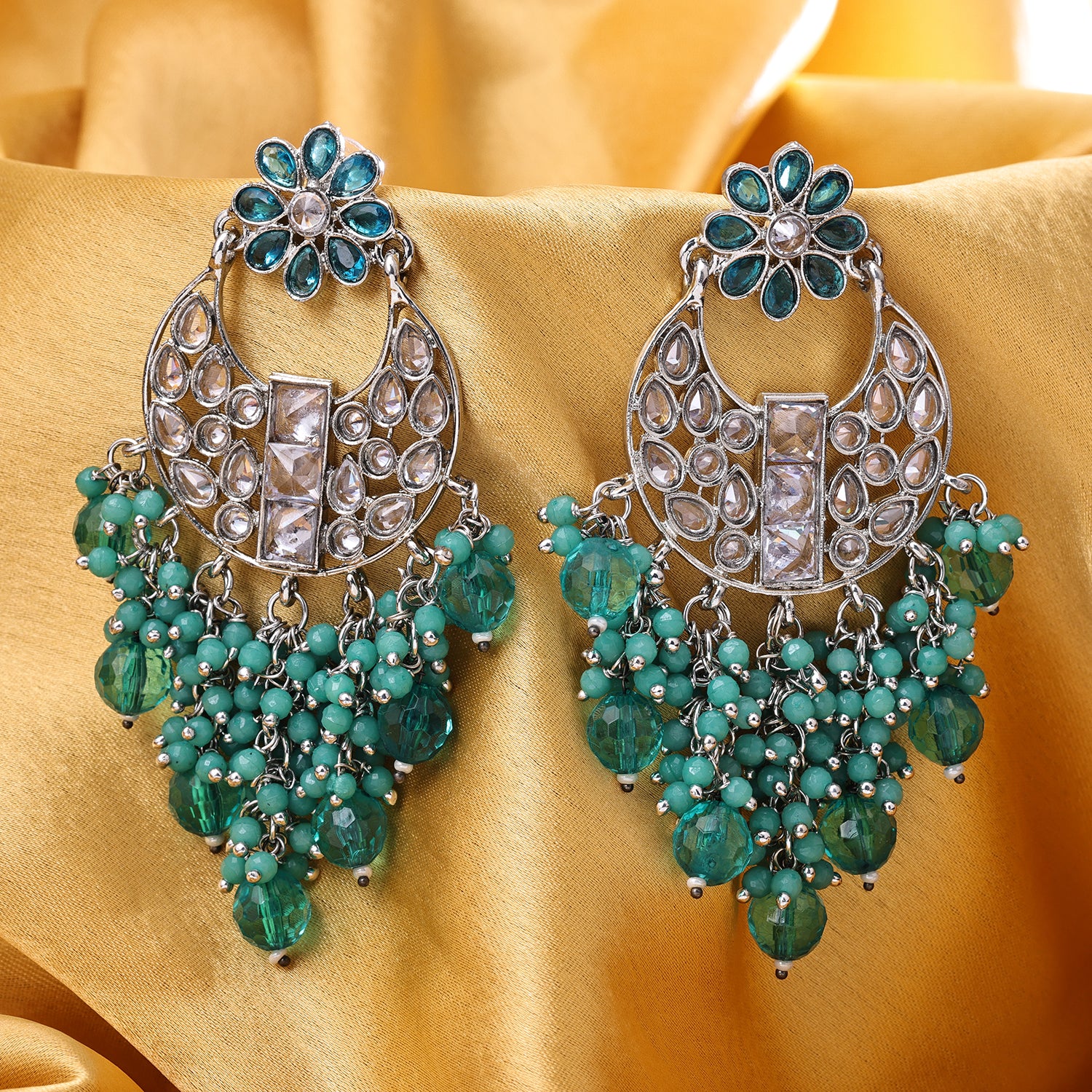 Sukkhi Rhodium Plated Green Reverse AD & Pearl Chandbali Earrings for Women