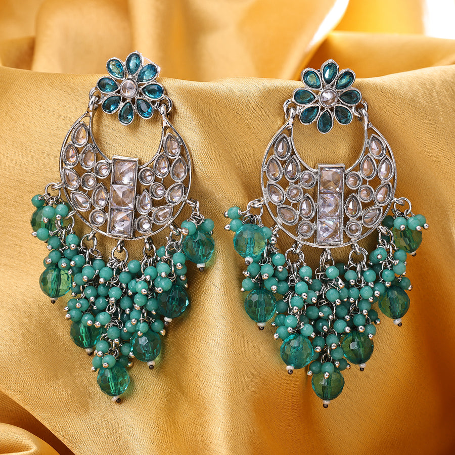 Sukkhi Rhodium Plated Green Reverse AD & Pearl Chandbali Earrings for Women