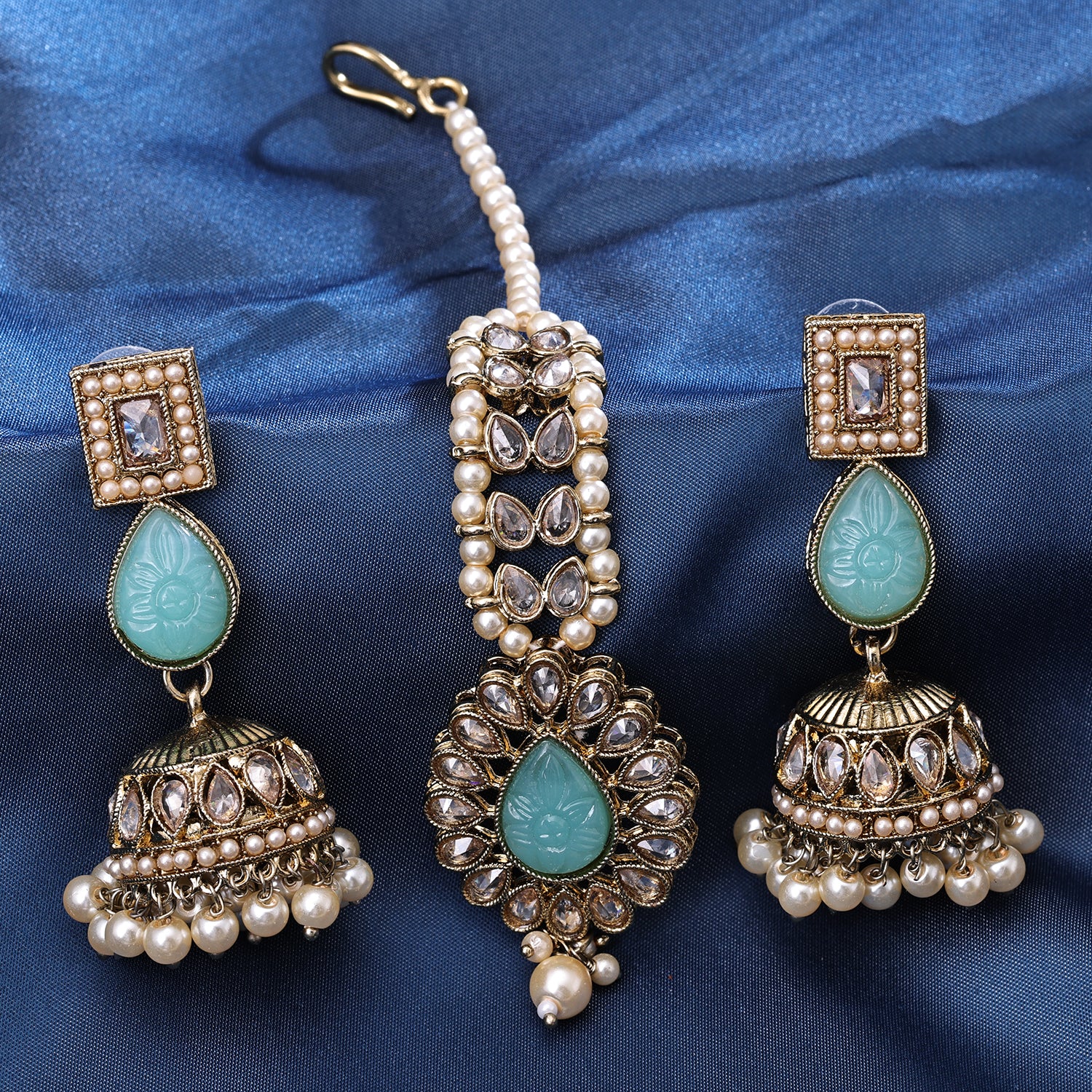 Sukkhi Gold Plated Aqua Reverse AD & Pearl Jhumki Earrings for Women