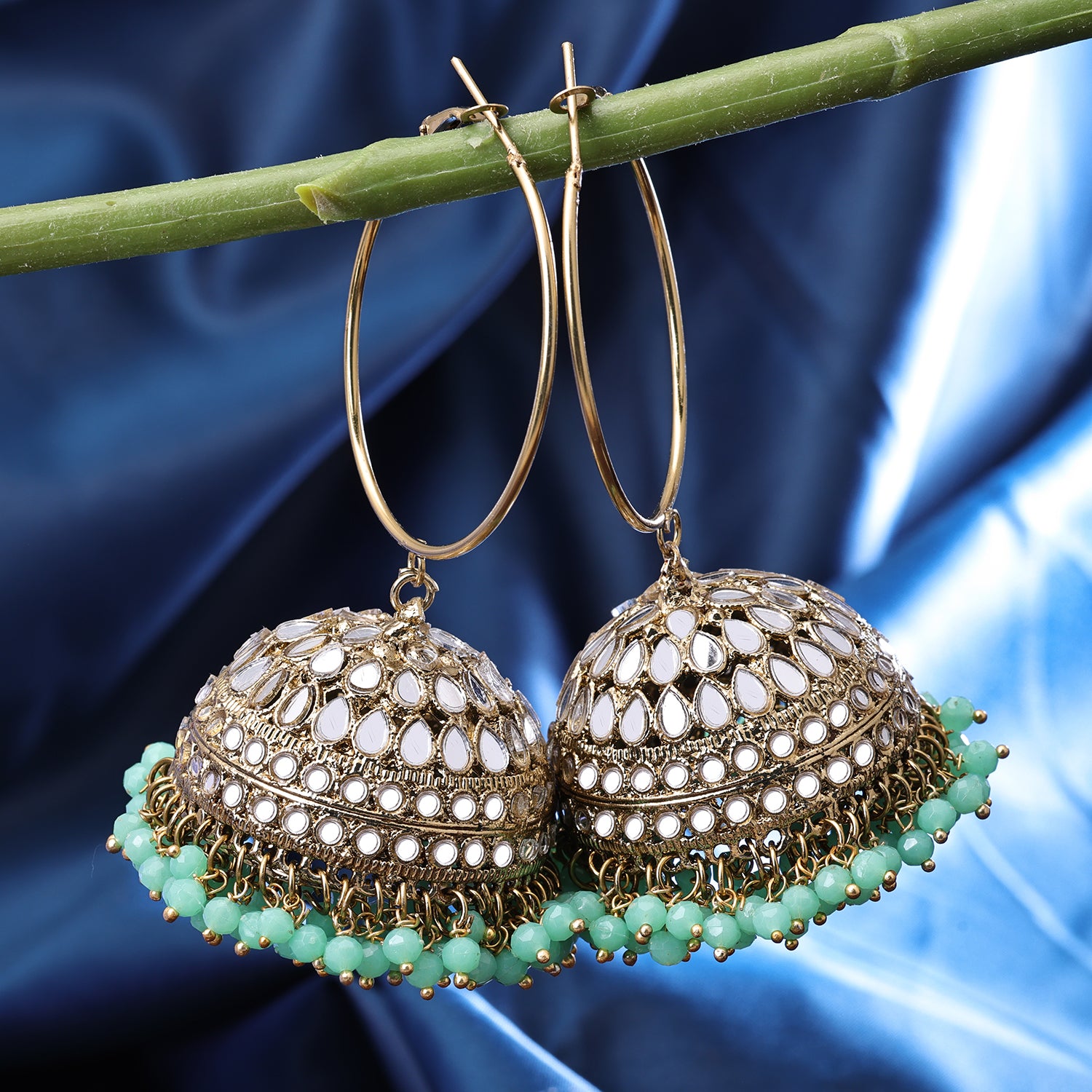 Sukkhi Gold Plated Aqua Mirror & Pearl Jhumki Earrings for Women