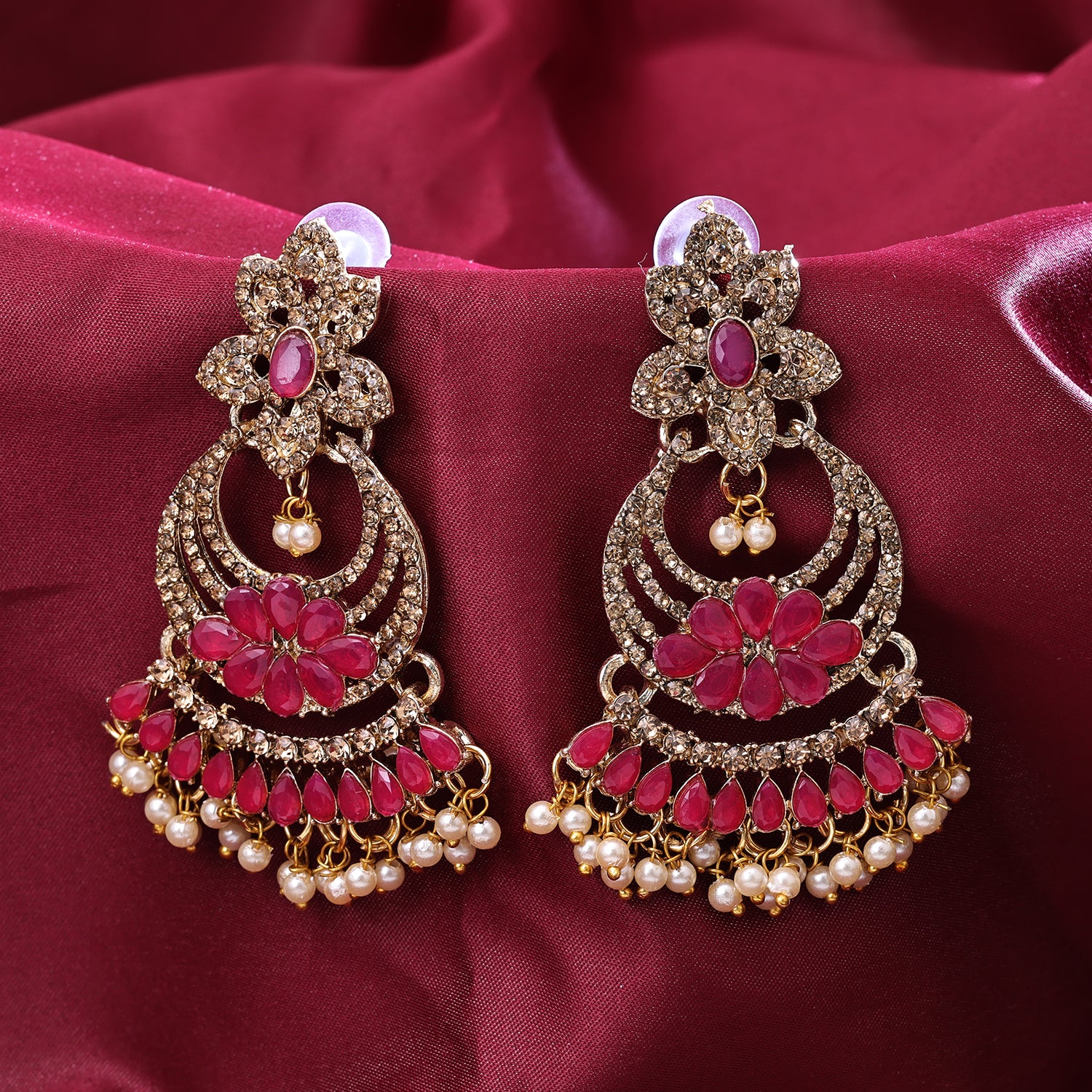 Sukkhi Gold Plated Pink Reverse AD & Pearl Dangle Earrings for Women