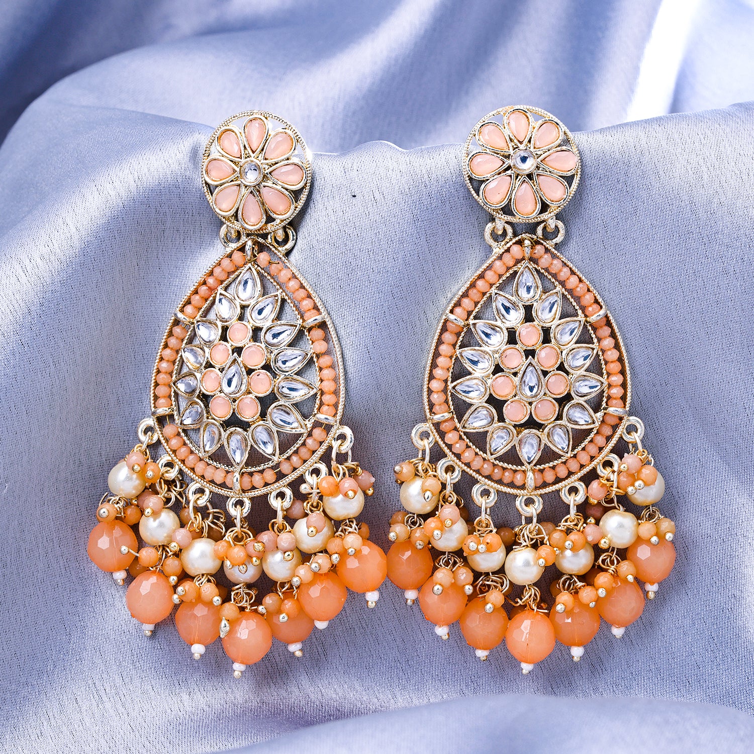 Buy Orange Gold Plated Kundan Earrings with Pearls Online at Jayporecom