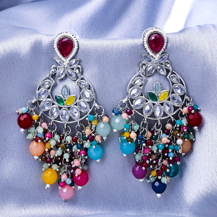 Sukkhi Rhodium Plated Multi Reverse AD & Pearl Chandbali Earrings for Women