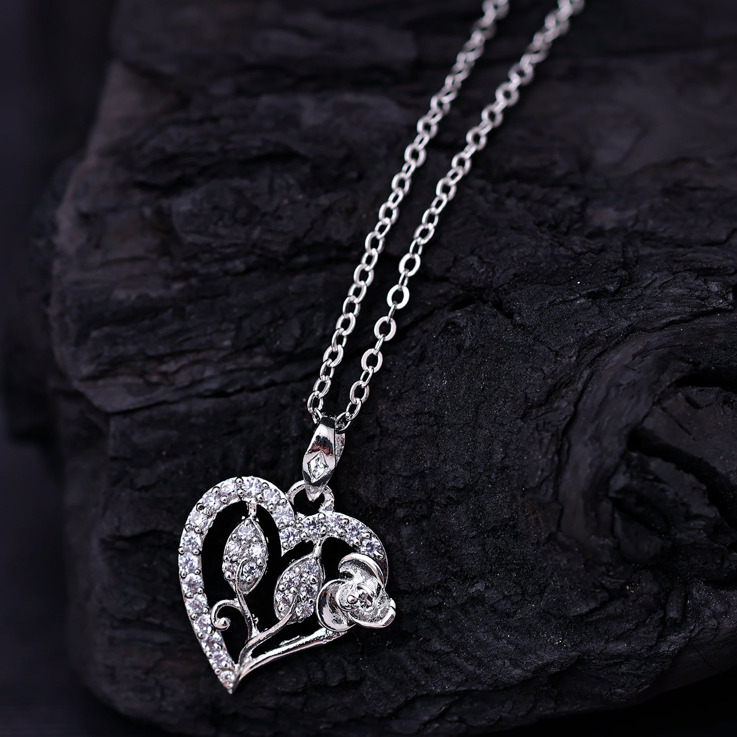 Sukkhi Rhodium Plated Silver CZ Heart Chain Pendant for Women