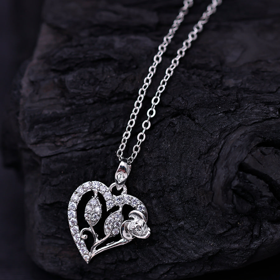 Sukkhi Rhodium Plated Silver CZ Heart Chain Pendant for Women