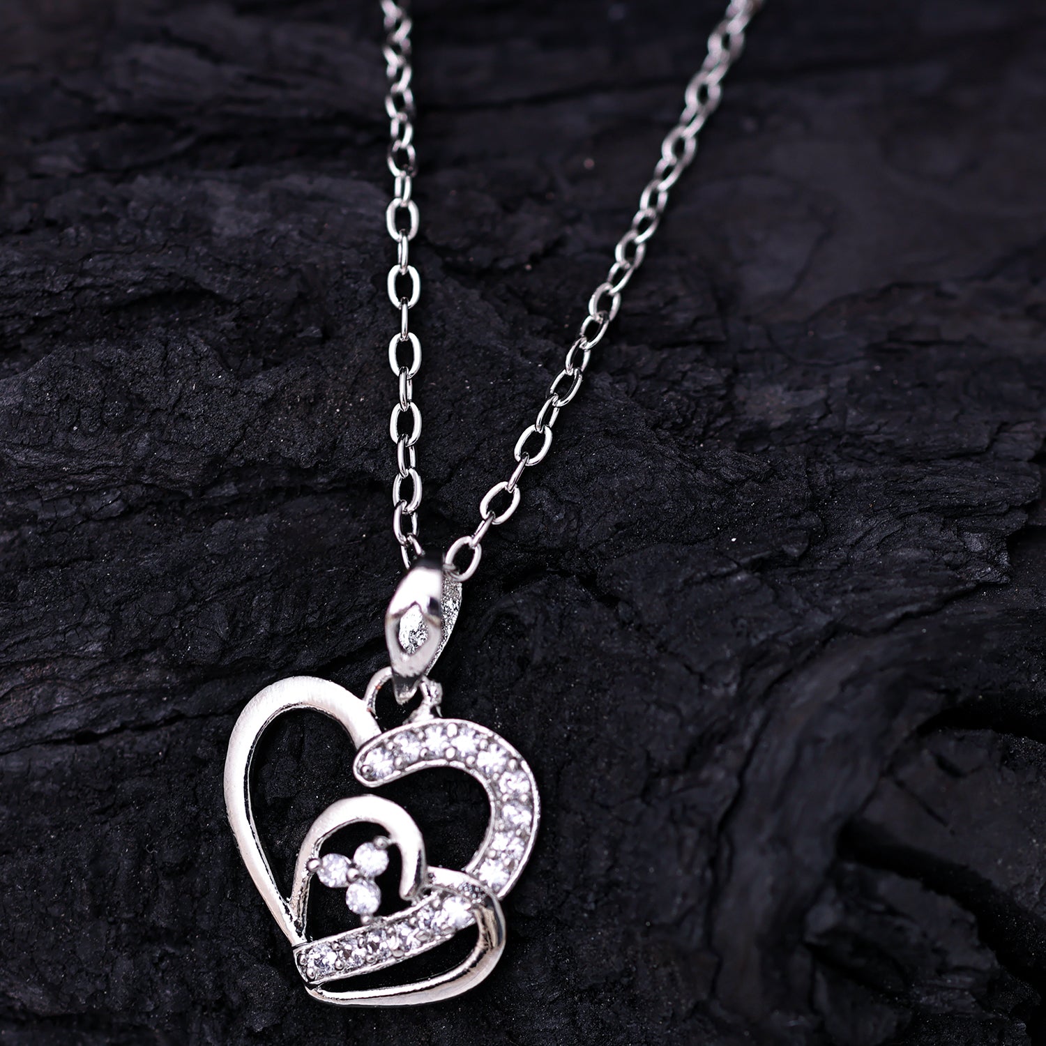 Sukkhi Rhodium Plated Silver CZ Heart Chain Pendant for Women