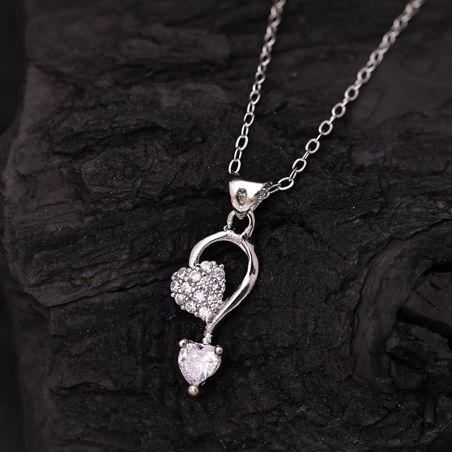 Sukkhi Rhodium Plated Silver CZ Heart Chain Pendant for Women