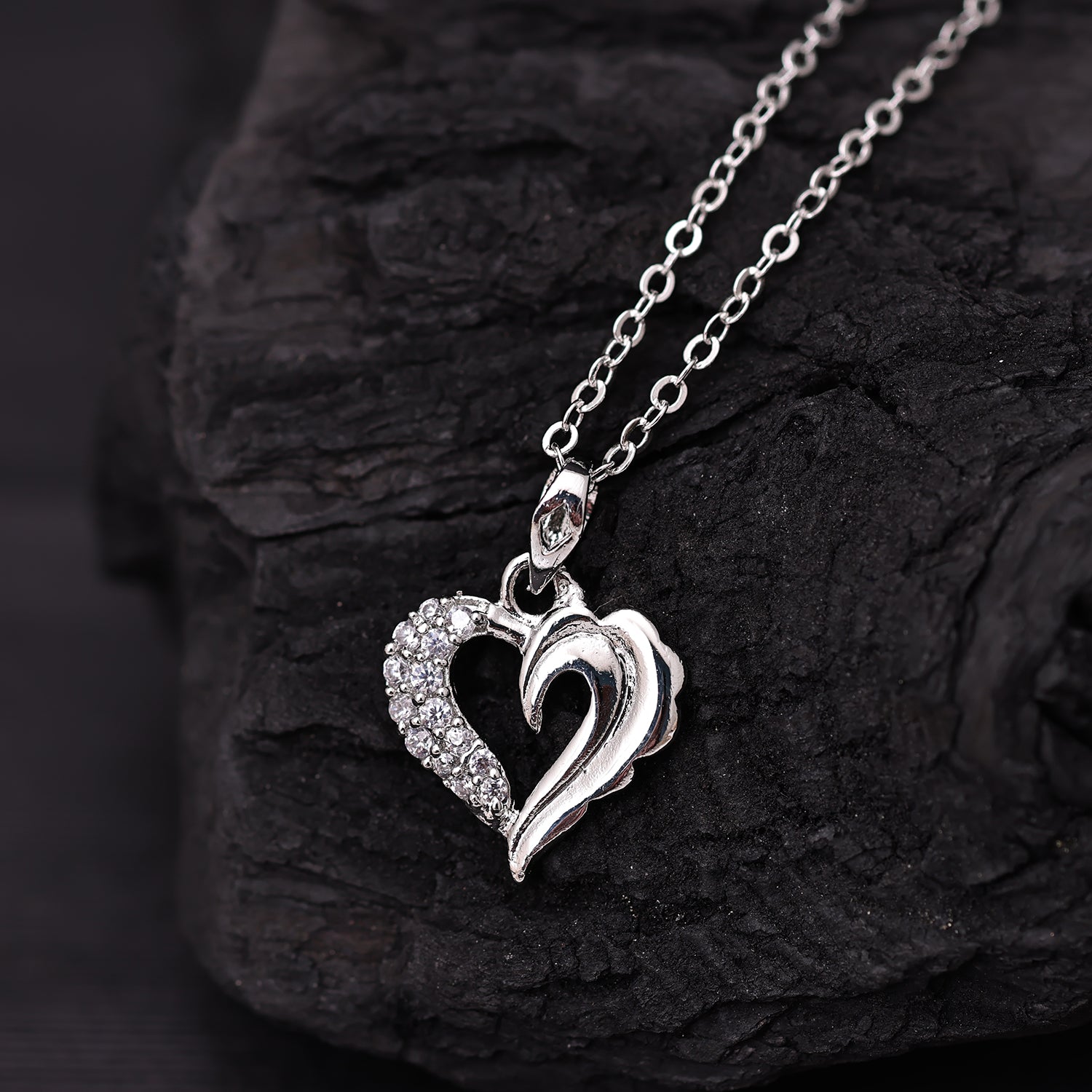 Sukkhi Rhodium Plated Silver CZ Heart Chain Pendant for Women