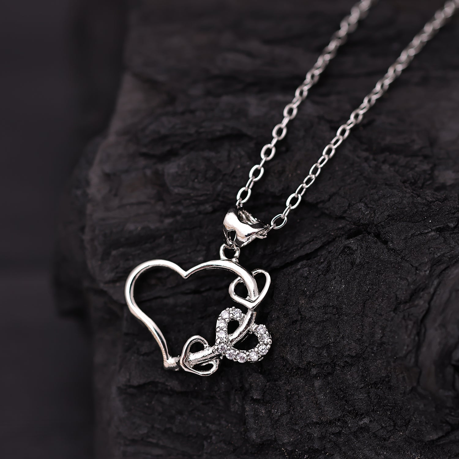 Sukkhi Rhodium Plated Silver CZ Heart Chain Pendant for Women