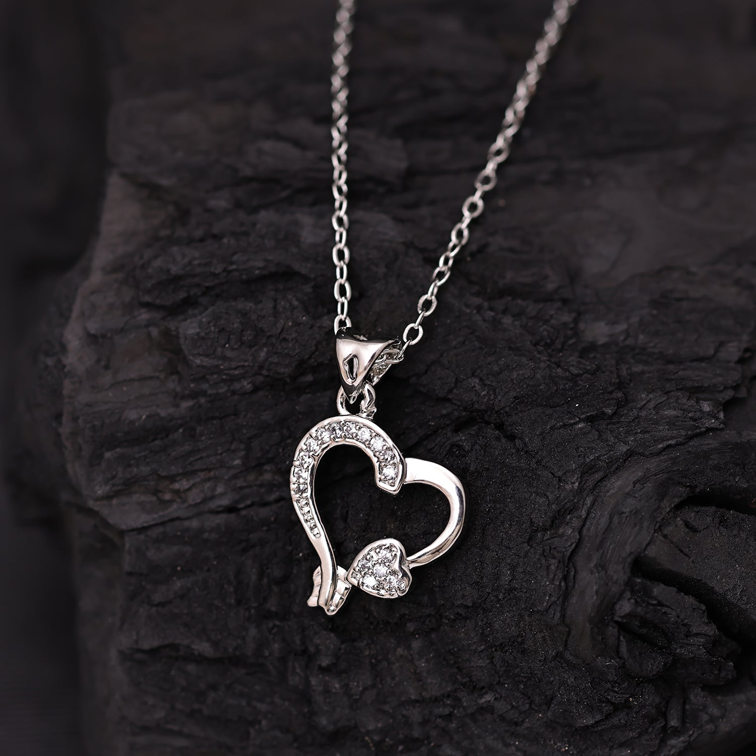 Sukkhi Rhodium Plated Silver CZ Heart Chain Pendant for Women